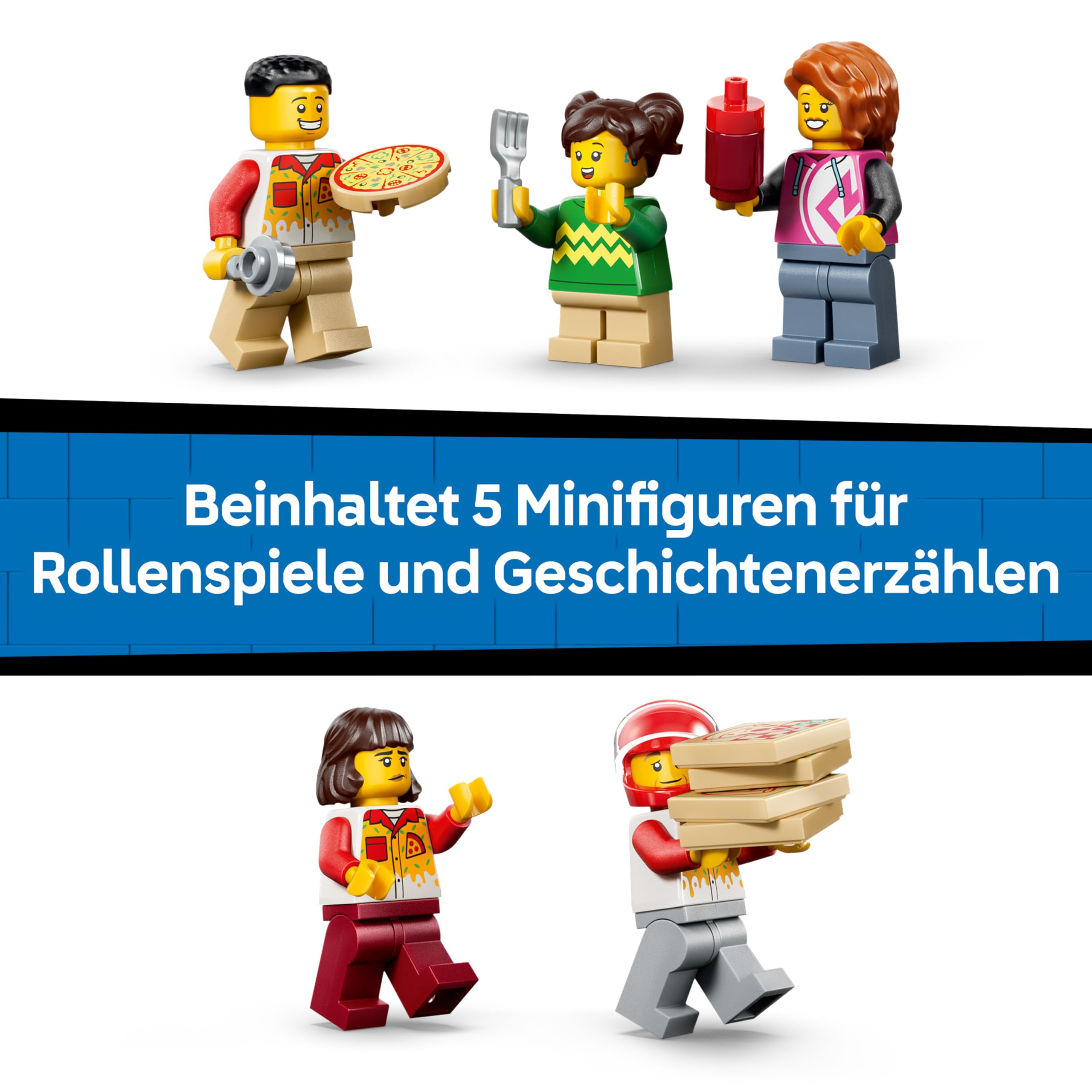 LEGO City Pizza-Liefererlebnis mit Fahrzeugen - inkl. Spielzeugauto, Roller, Drohne, Arcade-Automat und 4 Minifiguren - Geburtstagsgeschenk für Jungen ab 6 Jahren - 60496