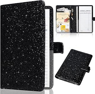 Server Book for Waitress-Leather Waitress Book Organizer with Zipper Pocket Cute Waiter Book Server Wallet with Magnetic Closure, Glitter Black