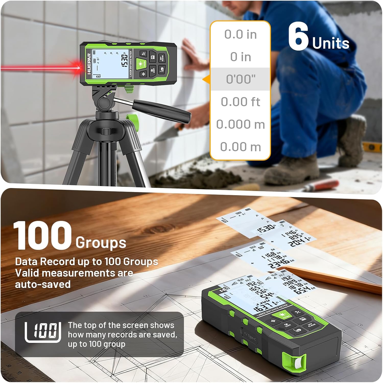 The Huepar SW-T50 display showing multiple measurement units and a data record feature that stores up to 100 groups of measurements.