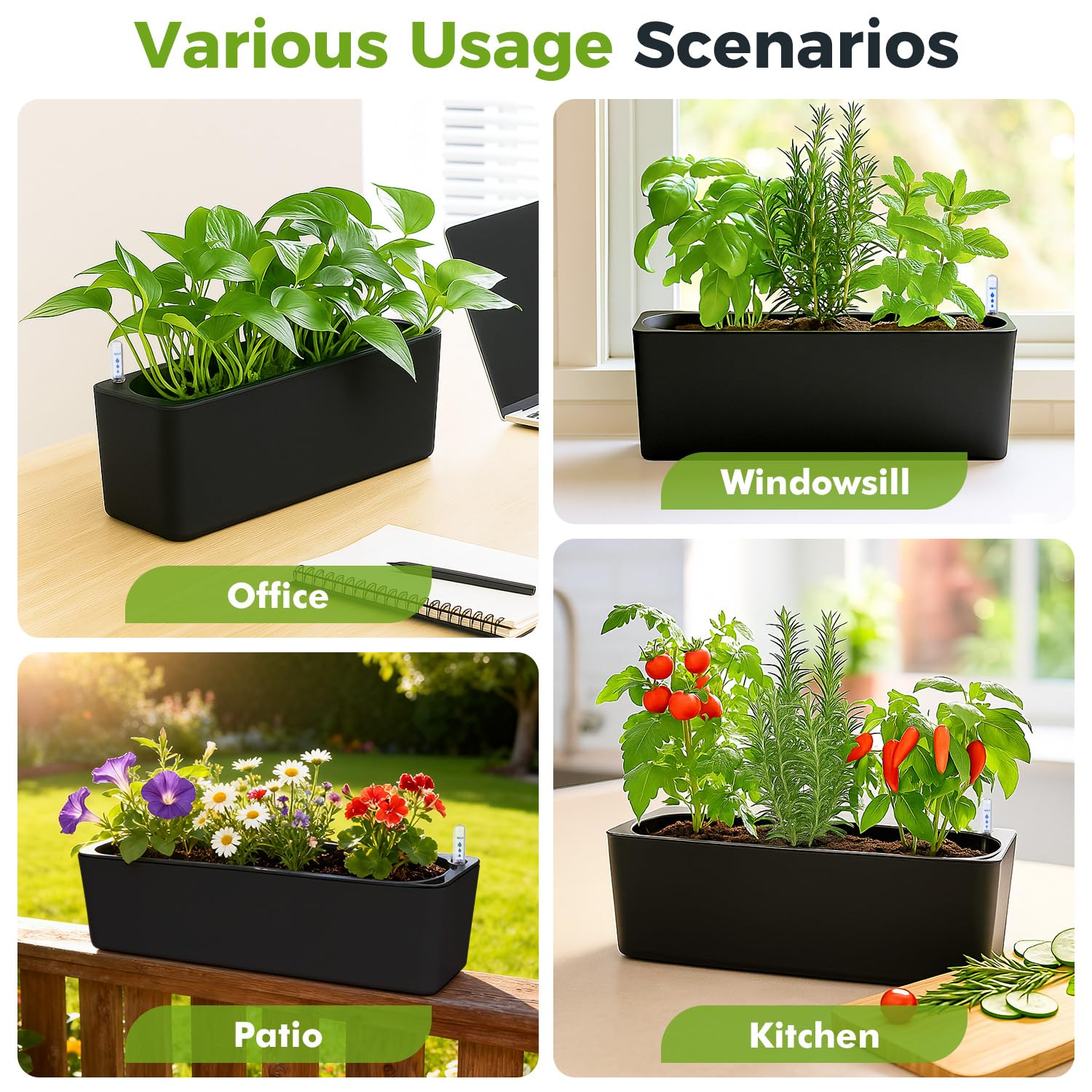 Planterhoma Lot de 2 Pots de Fleurs rectangulaires en Plastique à Auto-Irrigation avec Trous de Drainage pour Rebord de fenêtre, pour intérieur et extérieur, Noir, 39,6 x 13,7 cm