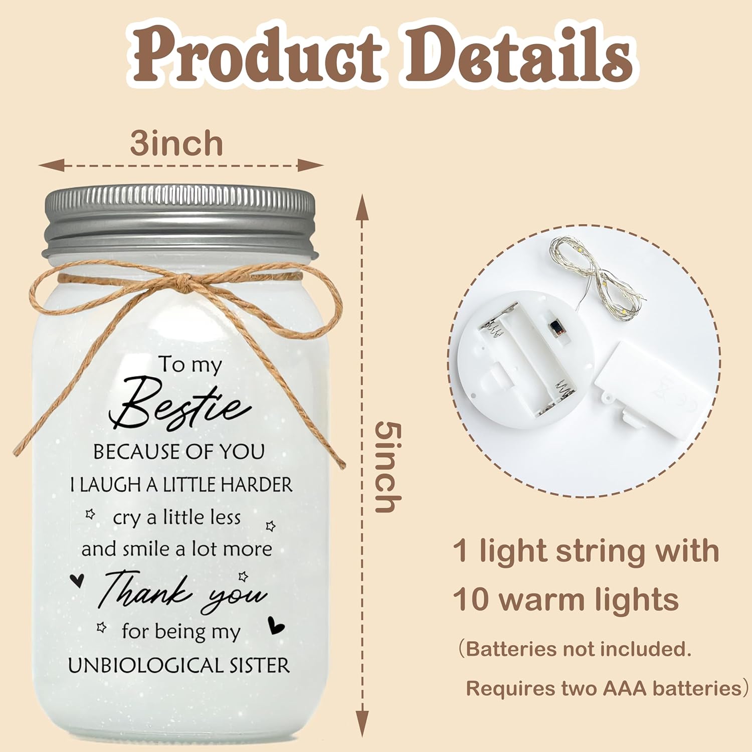 Best Friend Birthday Gifts for Women, Mason Jar Night Lights - Christmas Mother's Day Birthday Gifts for Women Friendship - Image 3