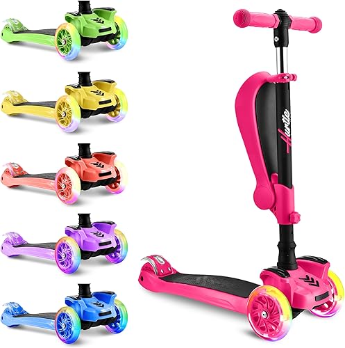Vista 69 de Hurtle Patinete de 3 ruedas para niños, luces LED de ruedas, manubrio ajustable de inclinación para dirigir y asiento plegable, paseo sentado