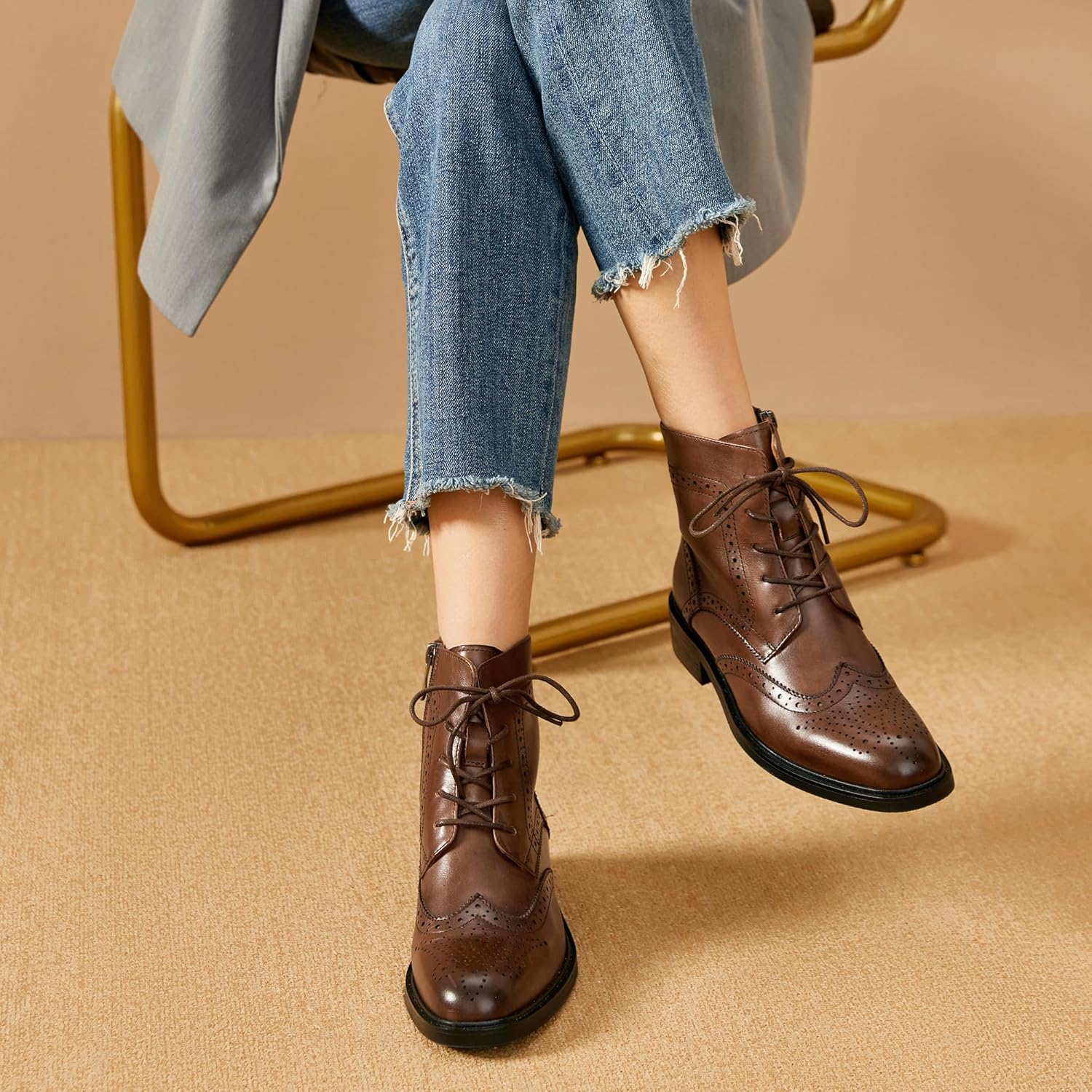 BEAU TODAY Combat Boots Womens Fall Shoes Winter Leather Ankle Boots for Women Oxfords Dressy Lace Up Wingtip Brogue Short Booties - Image 2