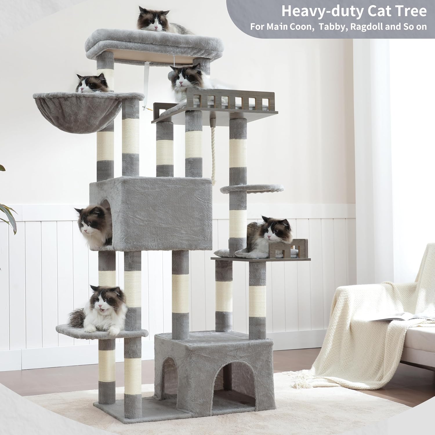 Cat tree with anti-tipping strap diagram