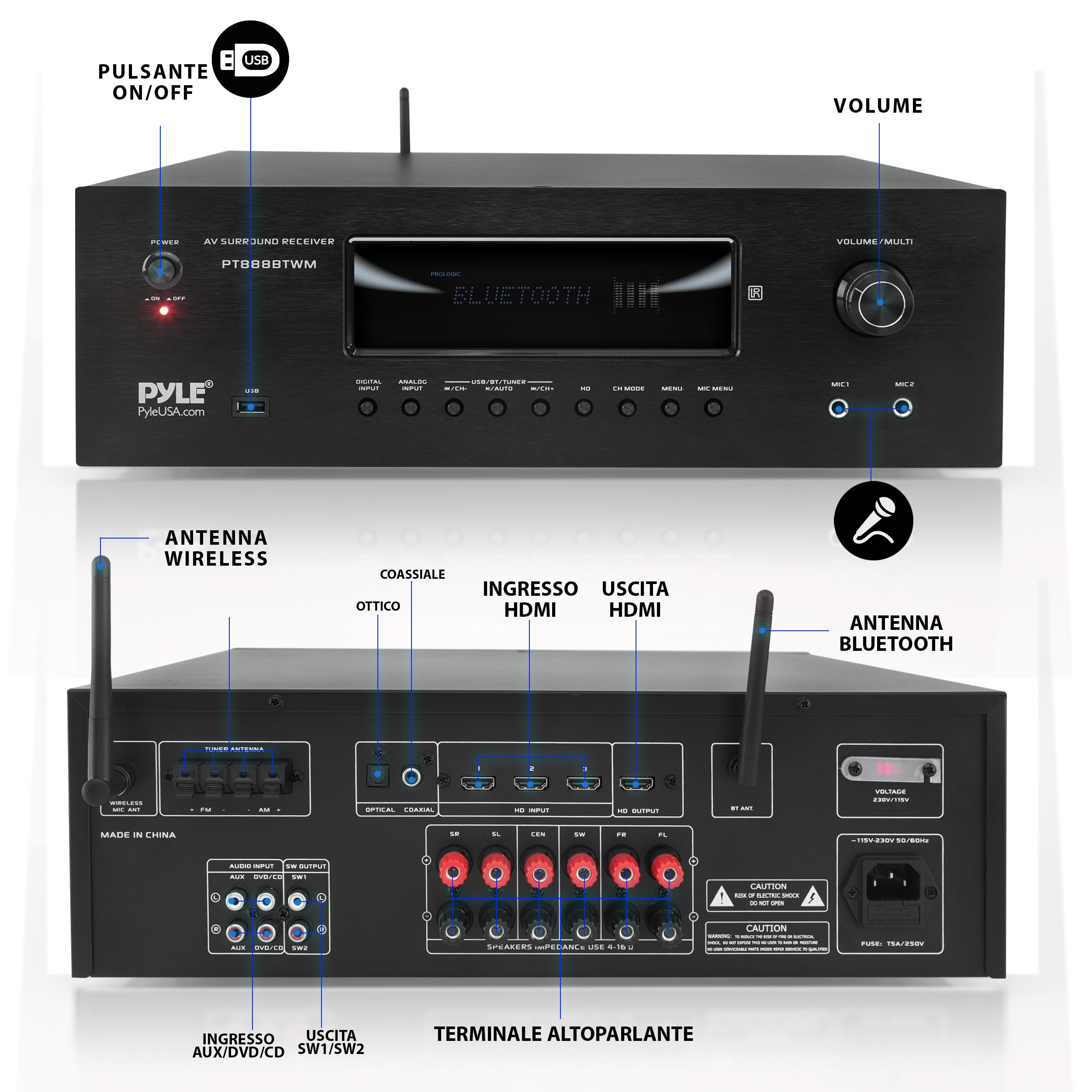 Pyle Amplificatore Audio Karaoke Bluetooth 1000 Watt per Home Theater, Ricevitore Stereo 5.2-Ch con 2 Microfoni UHF, MP3/USB/HDMI/AM/FM, Nero