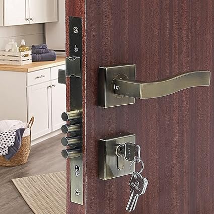 Blue Space Premium Rose Mortise Door Lock Handle Set/Mortise Lock with Brass Lock Body and Both Side Key Cylinder Set with 3 Brass Computer Keys (Viva, Main Door, Bedroom Door, Antique)