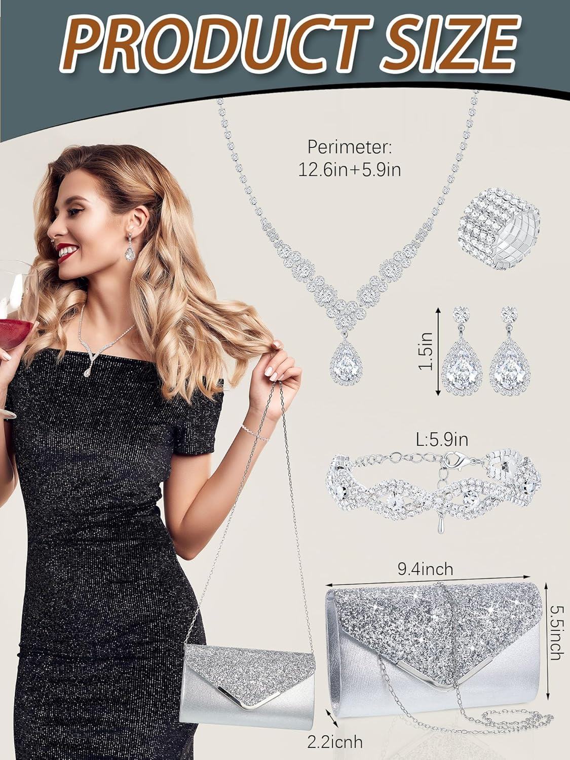 Henoyso 5 Pcs Rhinestone Jewelry Sets Prom Purse Jewelry Rhinestone Clutch Purse Bride Necklace Earrings Bracelets for Women - Image 2