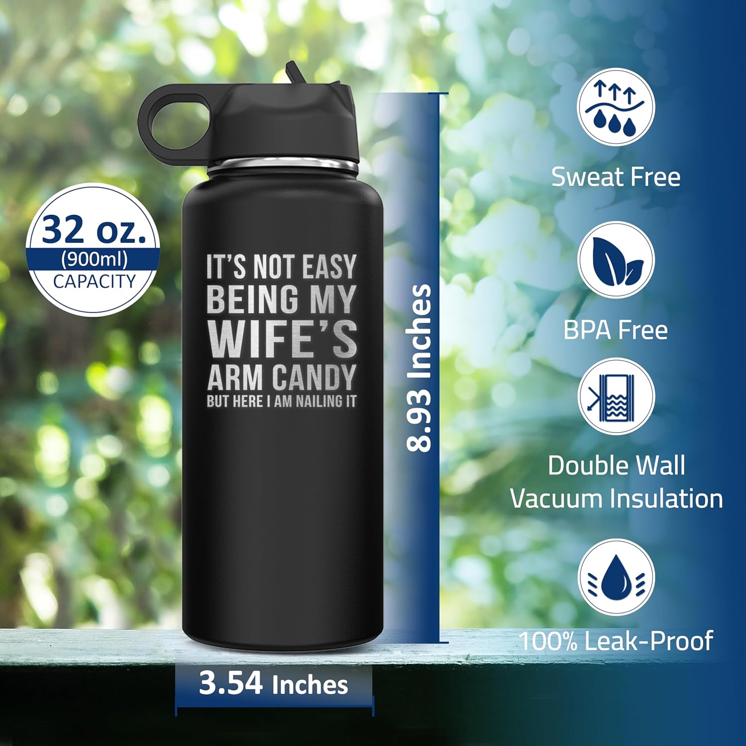 It's Not Easy Being My Wife's Arm Candy Insulated Stainless Steel Water Bottle with Flip Top Lid & Straw Gift for Men Tumbler 32 oz. (Black)