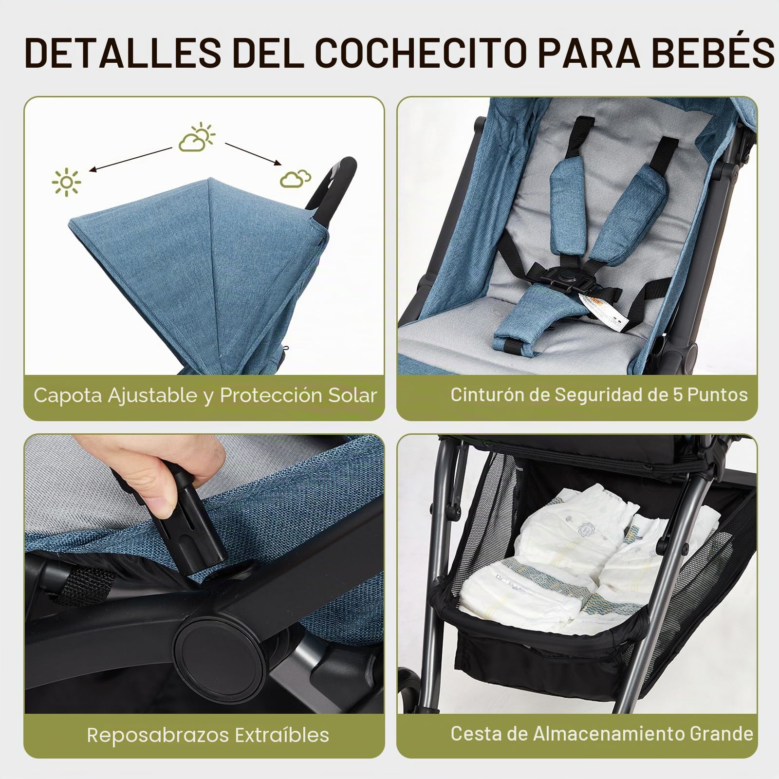 GarveeHome Cochecito de bebé plegable - Respaldo regulable hasta 175° - Ruedas EVA con amortiguación - Hasta 22 kg - Arnés de 5 puntos - Cesta de almacenaje grande - baby stroller para todo terreno