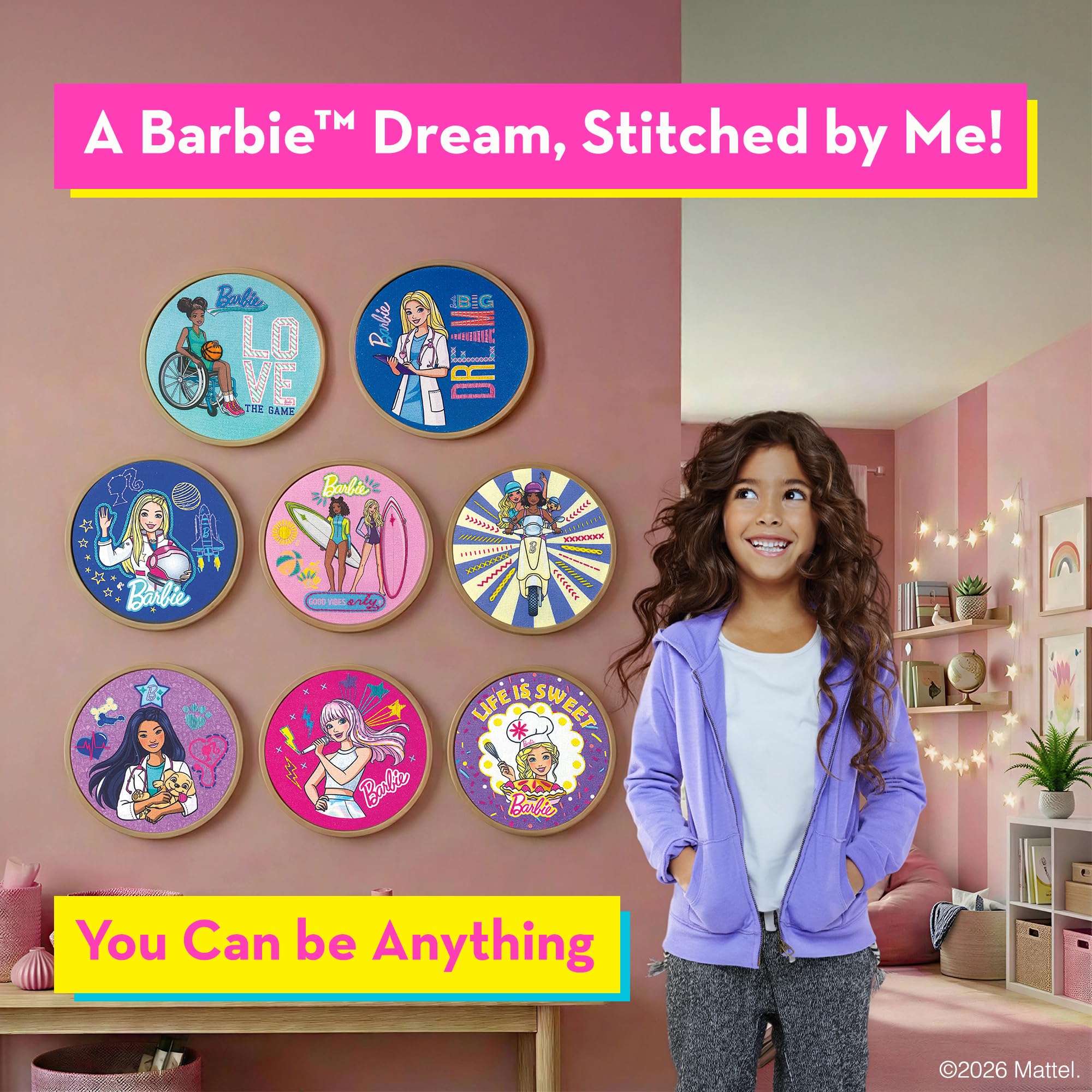 Barbie Kit de broderie pour enfants – Kit de bricolage pour filles de 8 à 12 ans avec 8 motifs, 2 cerceaux, aiguilles, fil – Ensemble complet de couture et d'artisanat, cadeau d'anniversaire