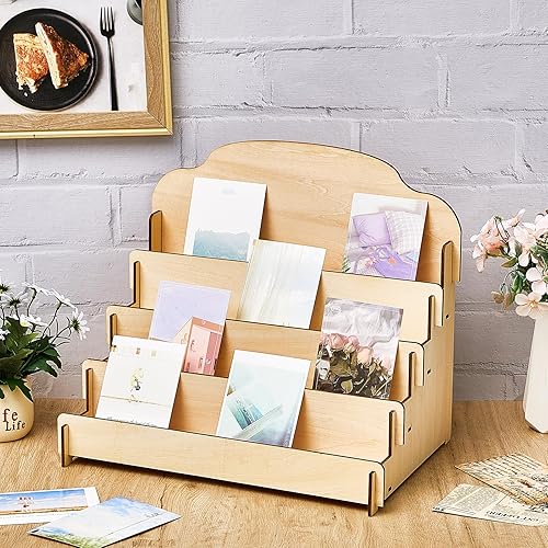 Miniatura 18 de Barydat Soporte de exhibición de tarjetas de felicitación de 4 niveles, soporte de exhibición de calcomanías de madera, estante portátil