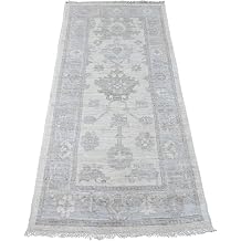 Afghan Angora Oushak Hand Knotted Runner Rug, Vista White, 100% Wool, Floral Design, 2'8"x6'