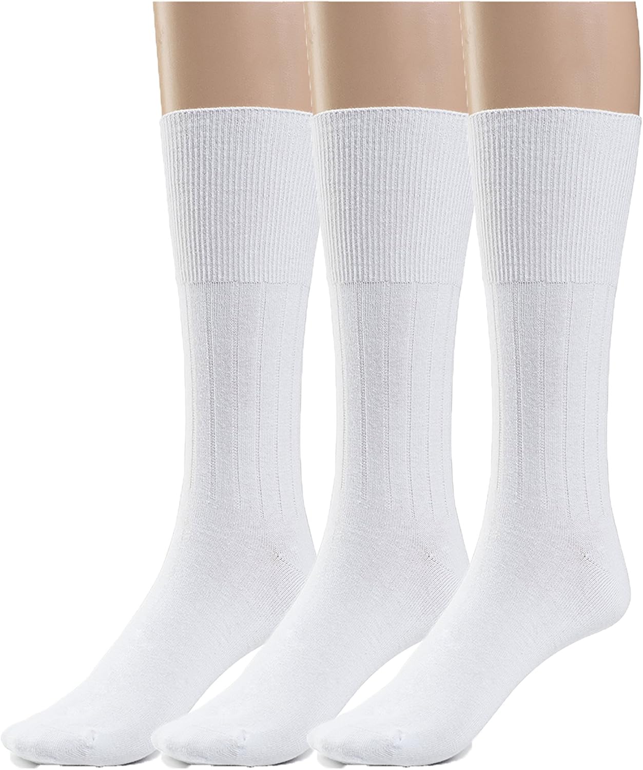 Silky Toes Cotton Diabetic Dress Socks for Men Non Binding Seamless Crew Socks, 3 or 6 Pk Multi Colors Big Sizes