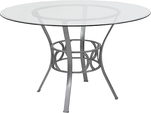 Flash Furniture Carlisle - Mesa de comedor redonda de cristal con marco de metal, 48 pulgadas, transparenteplateada