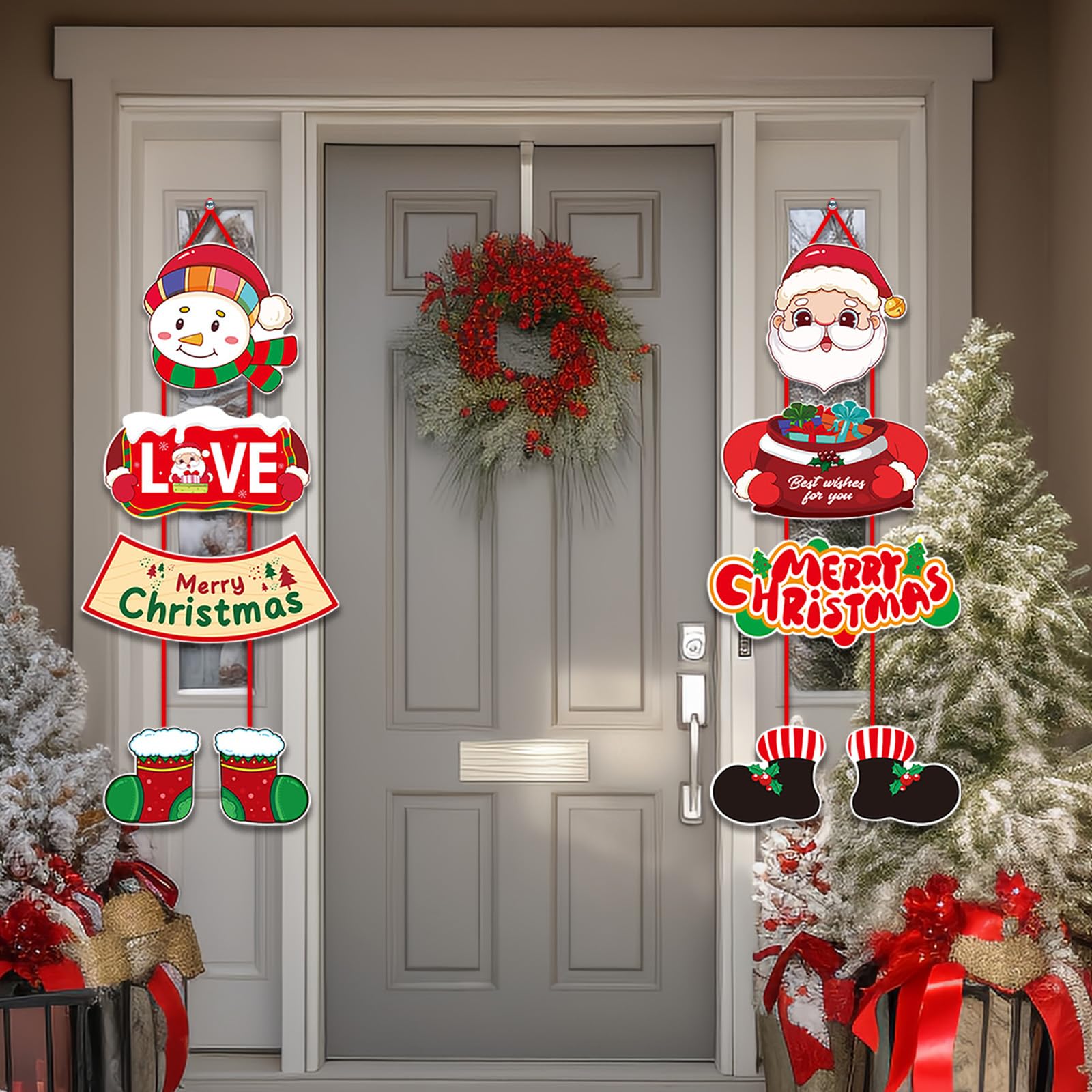 Dwafill Decoración Puerta Navidad, Decoracion Navidad Exterior, Pancarta Feliz Navidad Que Contiene Elementos de Muñeco de Nieve y Papá Noel, Disponible en Decoración Navideña Arbol (Rojo)