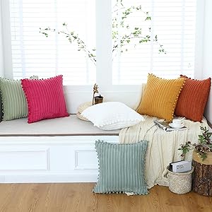 Oirpro Fall Yellow Throw Pillow Covers 18x18 Set of 4 Soft Corduroy Modern Boho Accent Cushion Covers with Pom-poms Decorative for Couch Bed Sofa Living Room