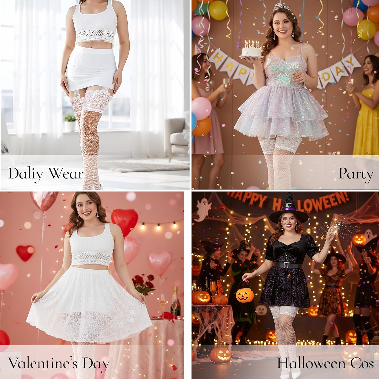 Thigh High Stockings Plus Size, Lace Top Plus Size Fishnet Stockings for Women,Suspender Pantyhose Thigh Highs Fishnet - Image 5