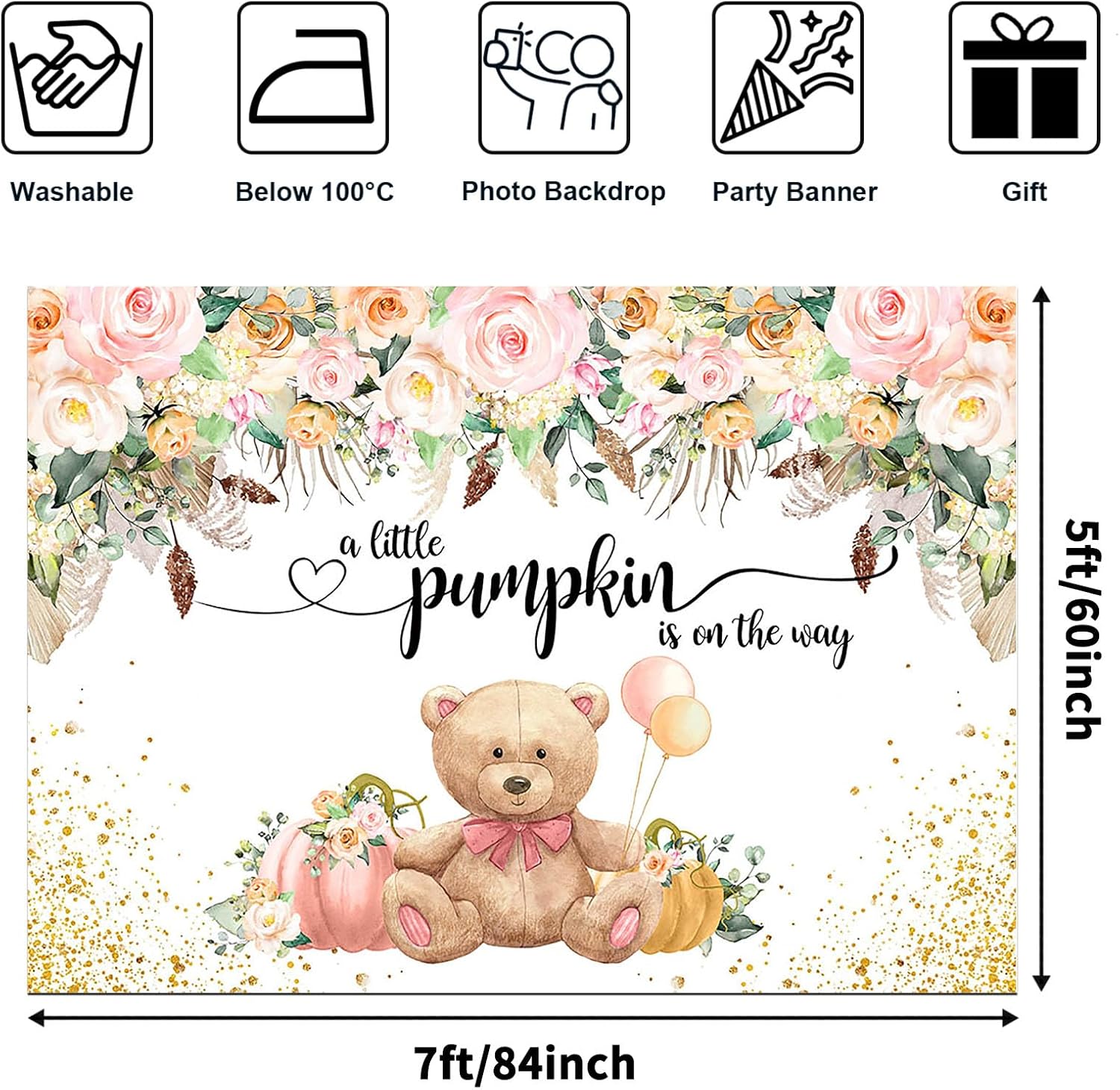 Avezano Little Pumpkin Baby Shower Backdrop for Photography Sweet Girls Fall Bear Pregnant Party Background Pink Floral Lovely Bear Baby Shower Backdrops Decorations Photo Booth Props (7x5ft)