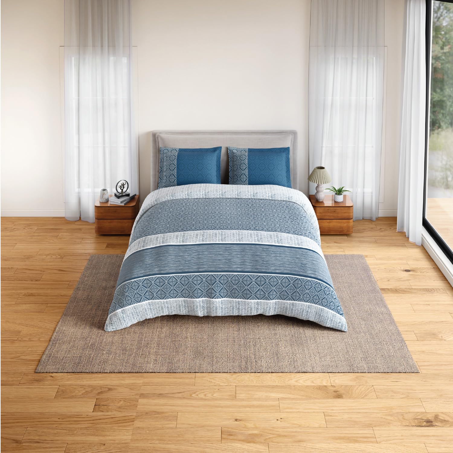 Spaces Fiora 100% Cotton 144 TC Percale Geometric Fitted Queen Sheet with 2 Pillow Covers | Super Soft, Skin-Safe & Breathable - 152 x 198Cm + 30Cm - Dark Blue-image-15