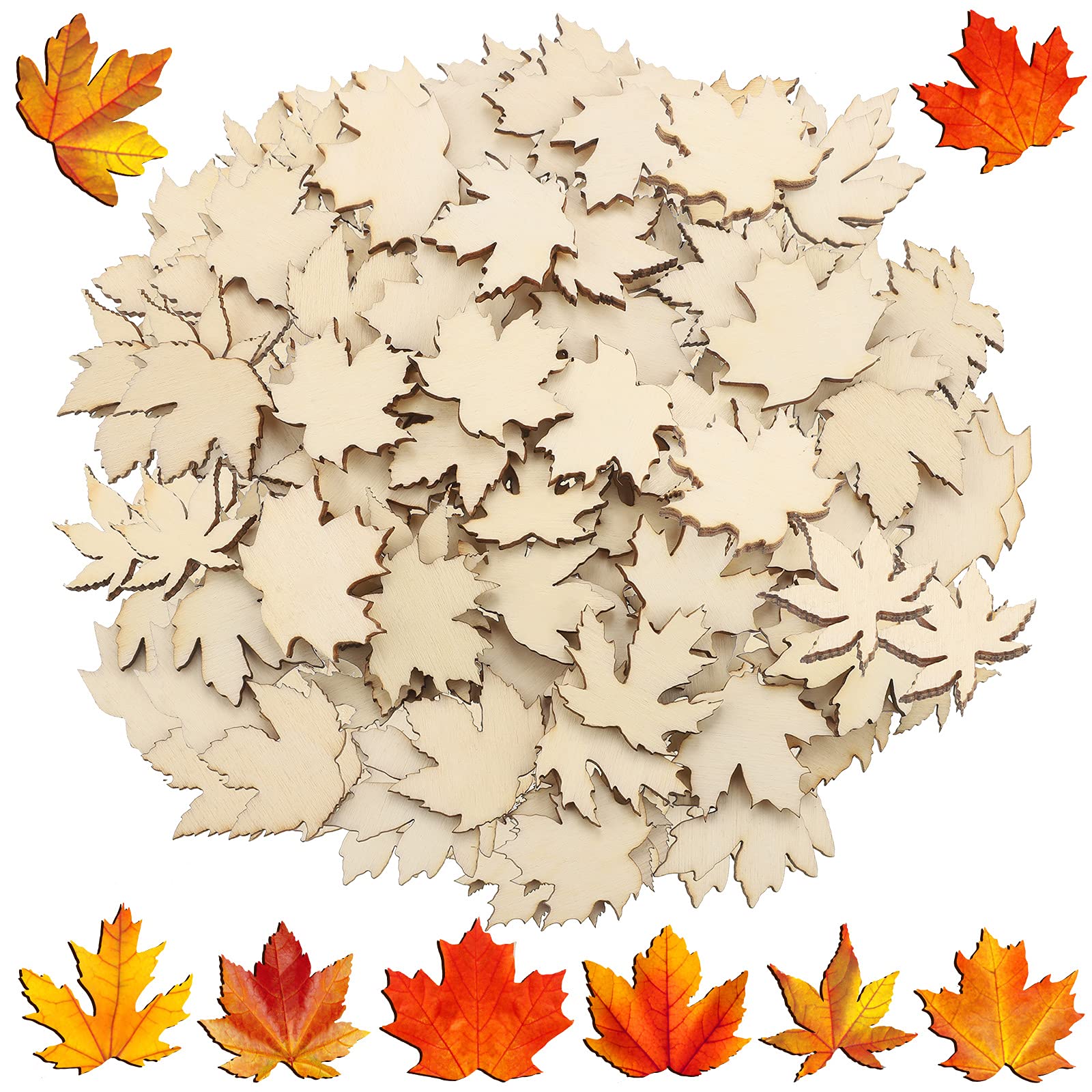 Jetec 80 Pieces Thanksgiving Wooden Maple Leaf Cutout Unfinished Blank Wooden Slice Maple Leaf Shaped Wood Pieces 1.2 Inch Mini Ornament for Thanksgiving Party Fall Autumn DIY Decoration