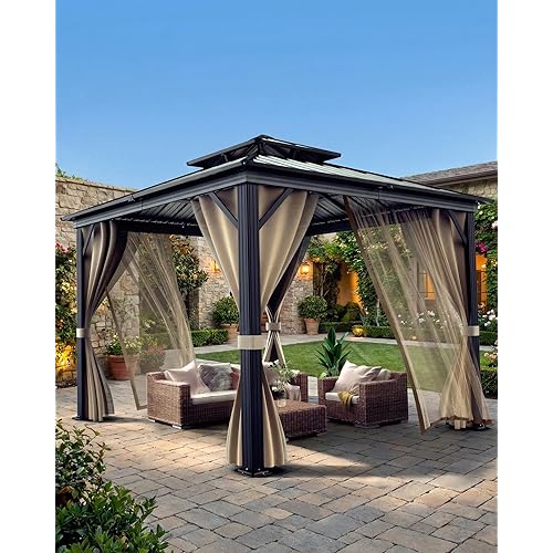 12x12 FT Hardtop Gazebo with Galvanized Steel Double Roof, Heavy-Duty Aluminum Frame Outdoor Gazebo Canopy with Mosquito Netting & Waterproof Curtains for Patio, Backyard, Deck & Lawn