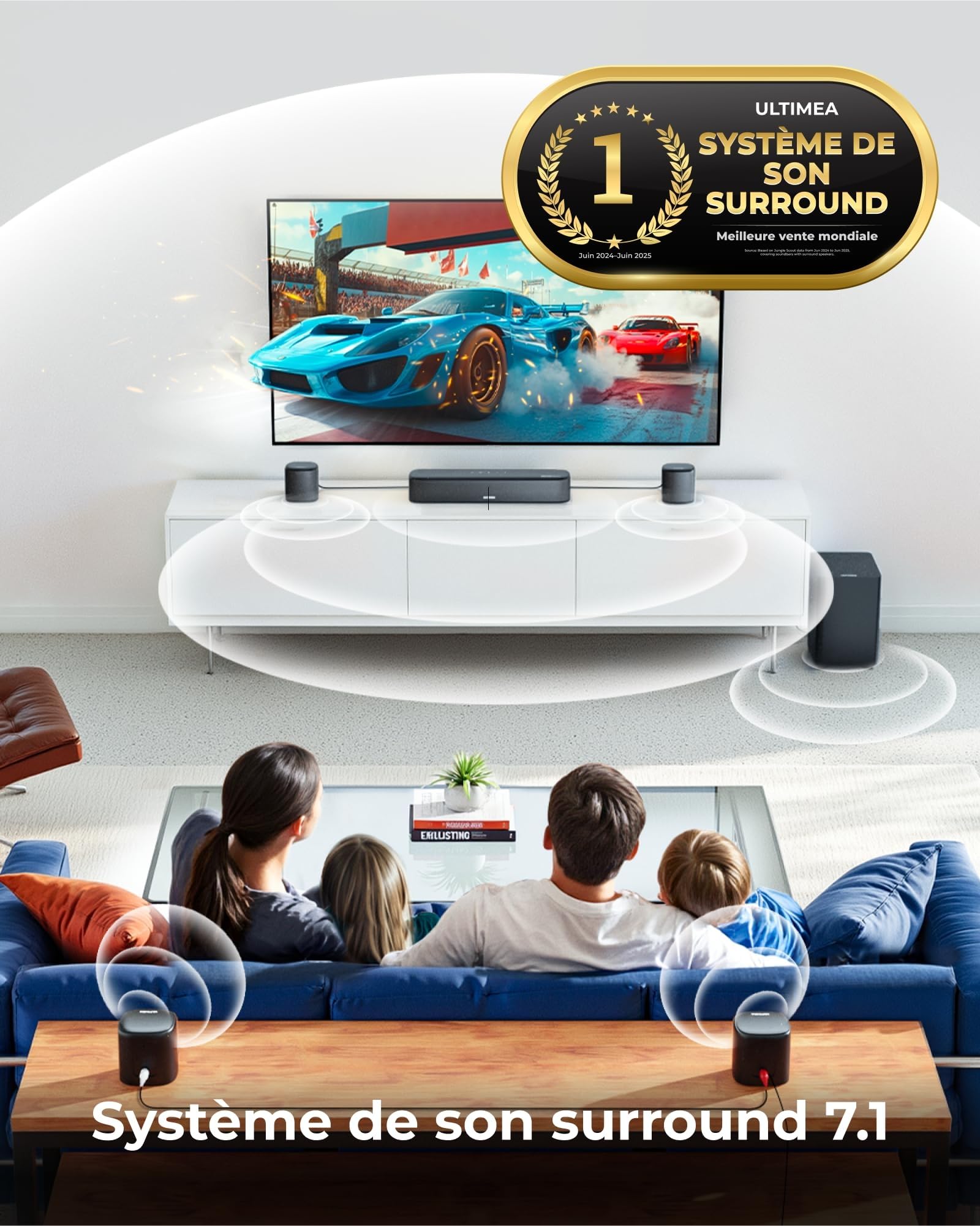 ULTIMEA 7.1 Canaux Barre de Son avec Dolby Atmos, Système de Son Surround avec 4 Haut-parleurs Surround, Barre de Son TV avec APP, Soundbar avec Caisson de Basses pour Home Cinéma, HDMI eARC, Aura A60