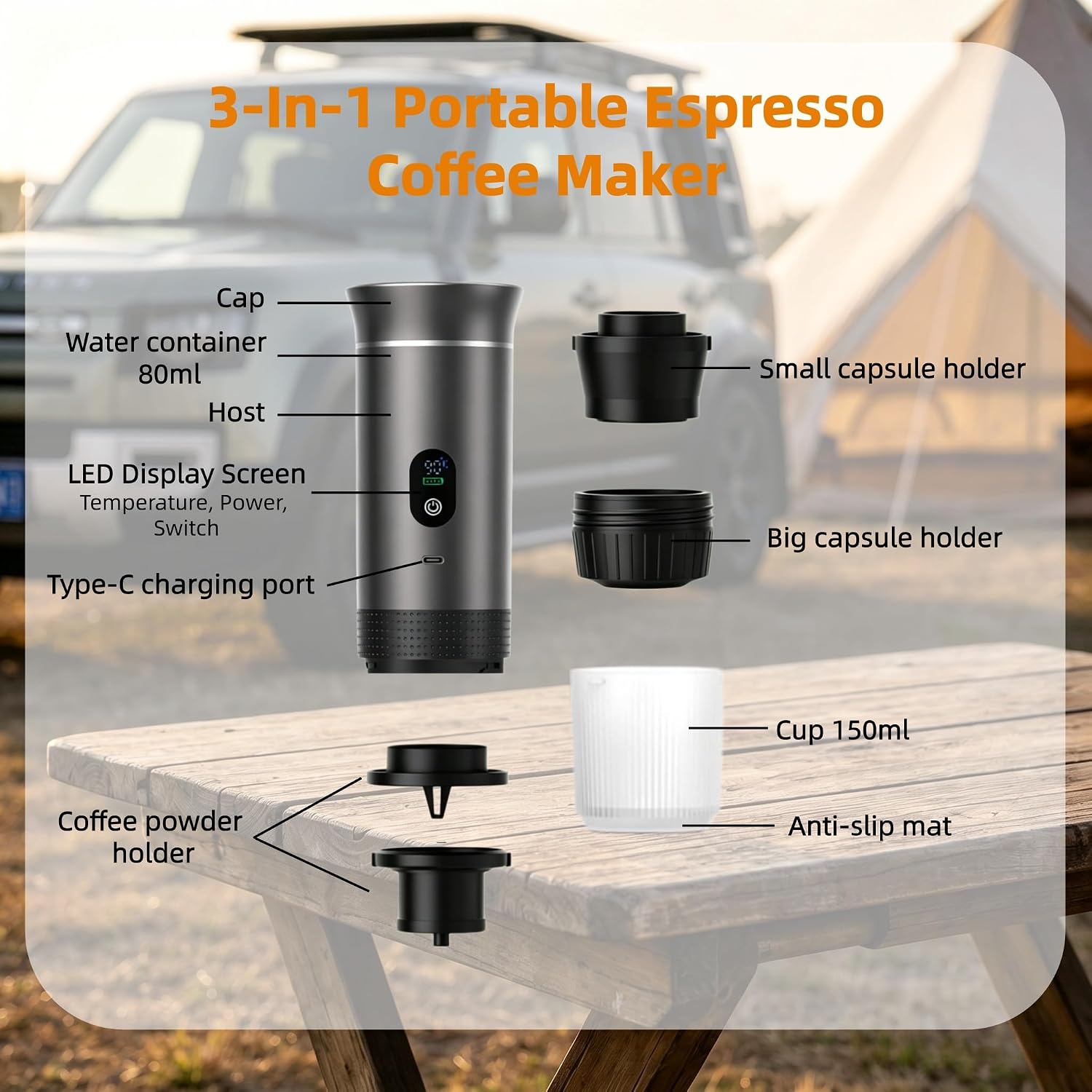 Single Serve Coffee Maker, Self-Heating 4 Cups per Charge,Portable Coffee Maker For Travel & RV,Portable Espresso Maker With USB-C Works With Capsules & Grounds
