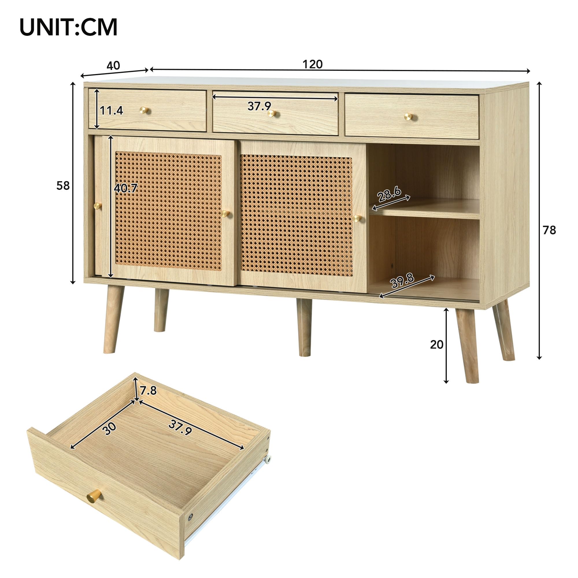 Aparador de 120 x 40 x 78 cm, cómoda con 3 cajones y 3 puertas correderas, mimbre de ratán en los frentes de la puerta, patas de madera maciza, tirador de metal dorado, estantes ajustables,