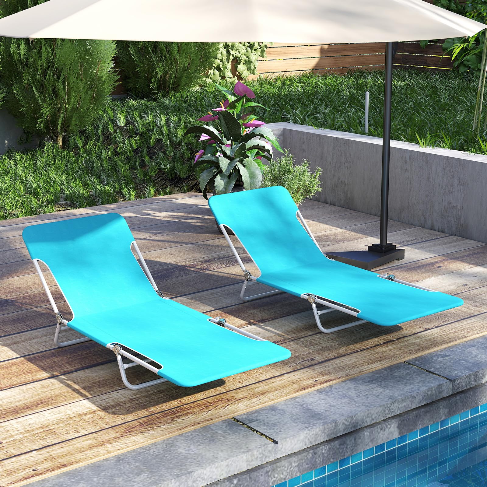COSTWAY Strandliege klappbar leicht 2er Set, Sonnenliege mit verstellbarem Rücken- und Fußteil, tragbare Klappliege mit Tragegurt, Liegestuhl bis 150 kg belastbar für Strand, Garten, Terrasse (Blau)