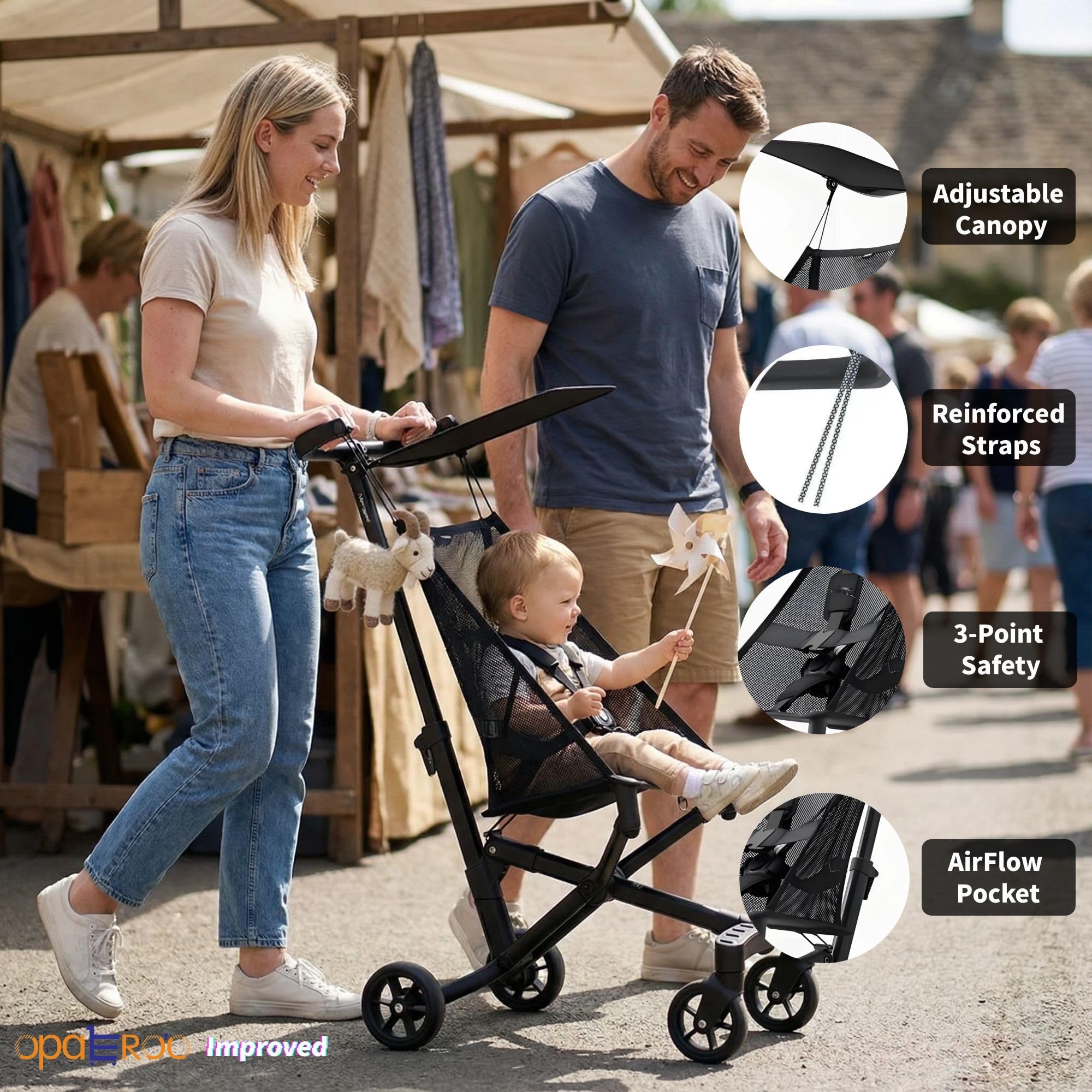 Poussette Bébé Compacte Pliale, 2.8kg Ultra-légère à Mécanisme Un Clic, Poussette De Voyage Approuvée Avion Avec Coussin Cartoon Amusant Pour Enfants 0-4 Ans, 4 Couleurs black2
