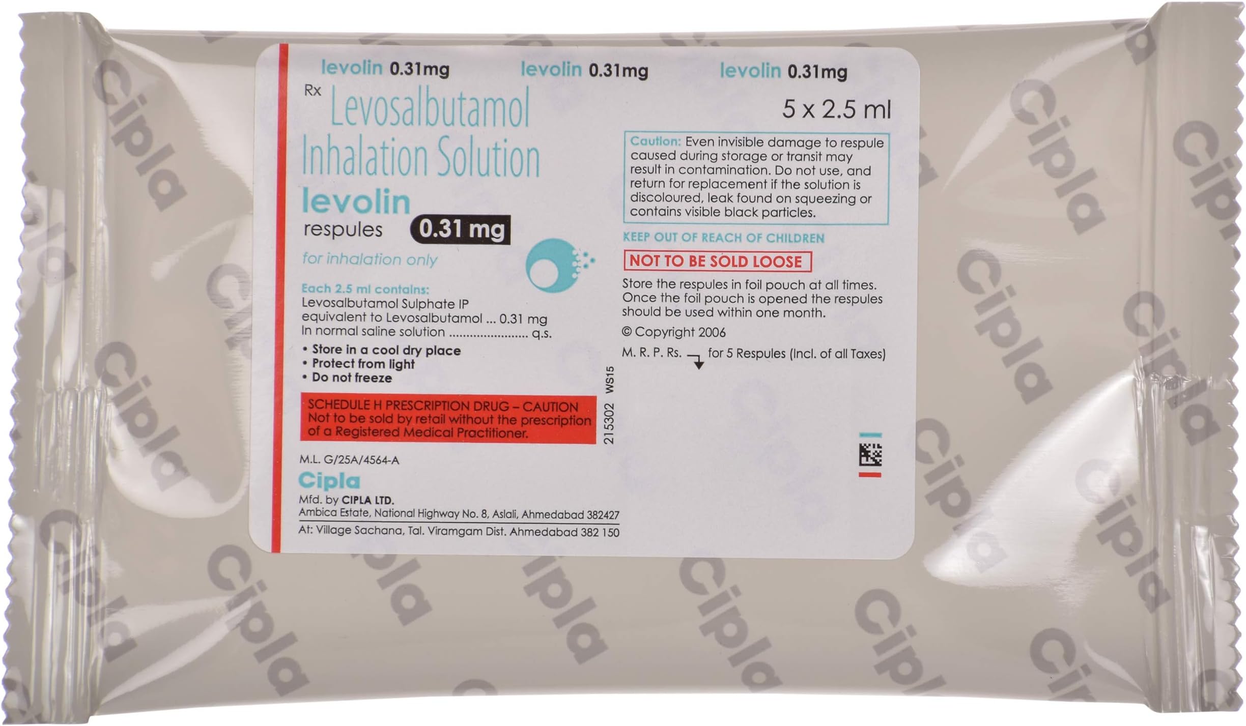 Levolin 0.31 mg - Sachet of 5x2.5 ml Respules
