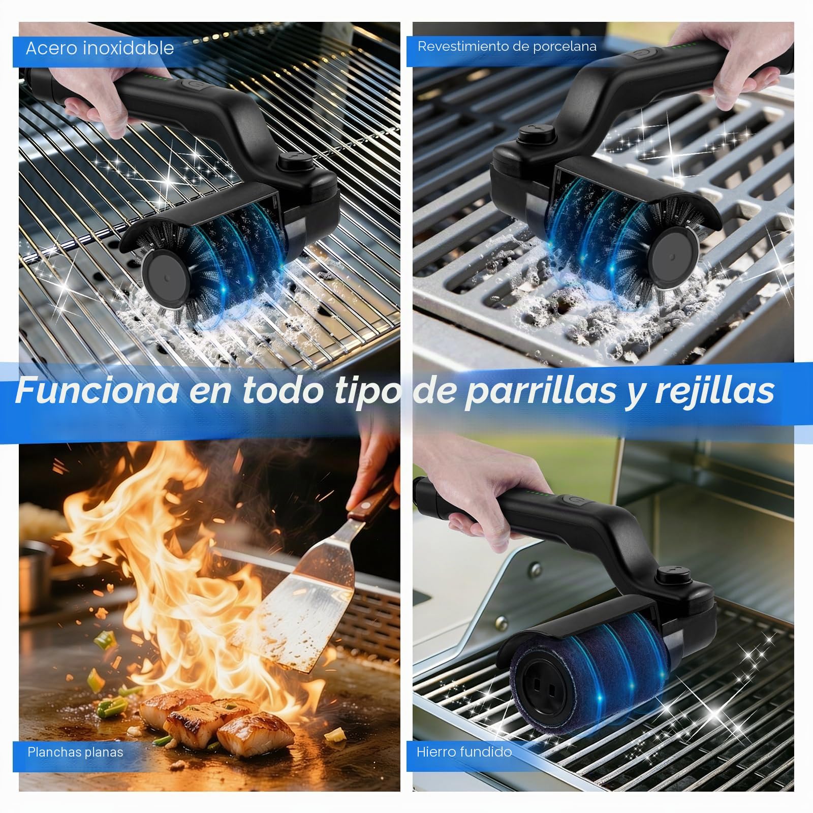 Cepillo Eléctrico Mejorado para Parrilla, Cepillo de Limpieza de Barbacoa Inalámbrico Recargable con 3 Velocidades y 2 Cabezales, 180° Ajustable, Cerdas de Acero Inox para Todo Tipo De Parrilla