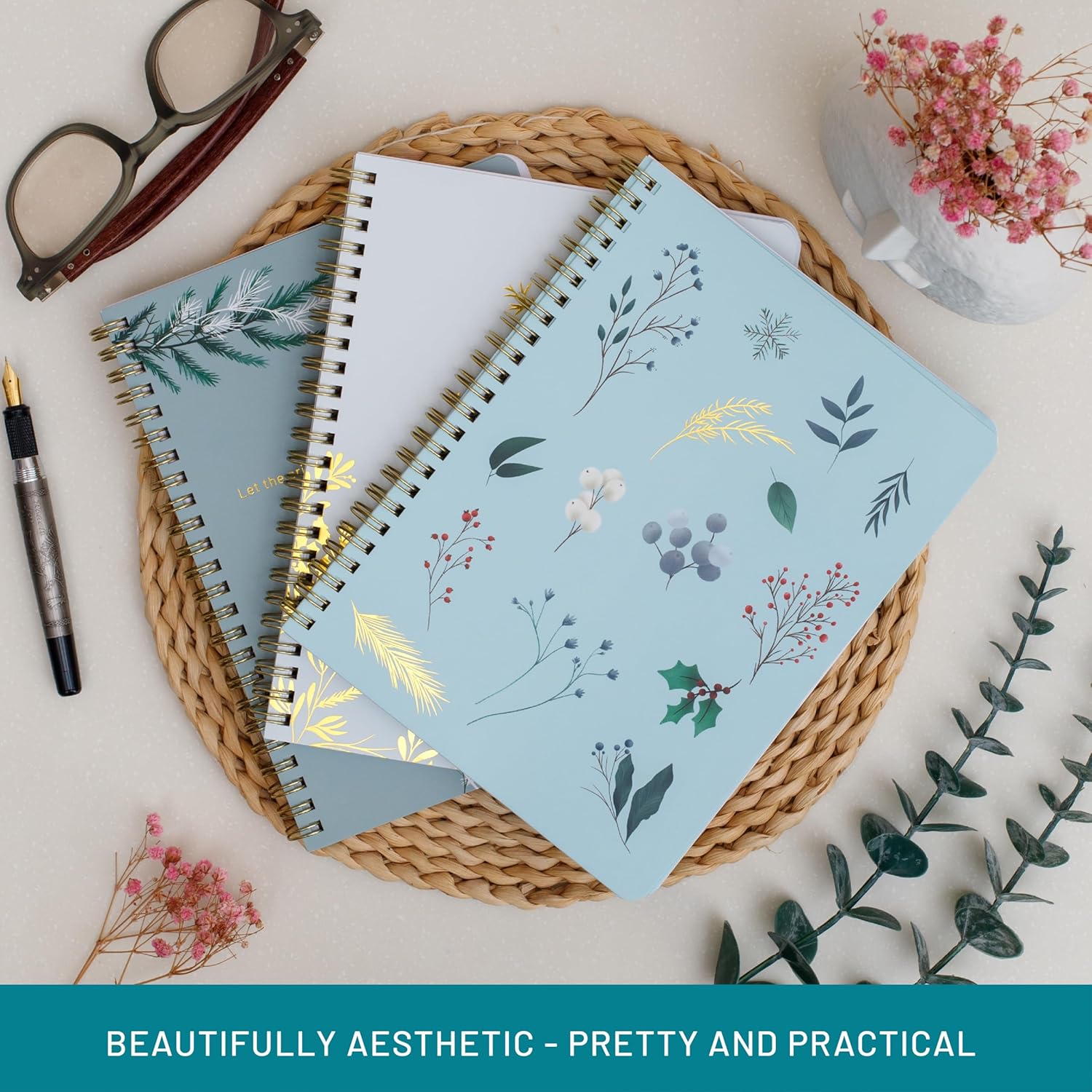 Winter Spiral Notebook Gift Set for Women – 3 Aesthetic Pastel Journals, Keepsake Box & Travel Pouch – Cute Spiral-Bound Stationery Bundle, Holiday Writing Journal Pack, Winter Wonderland Journal Set