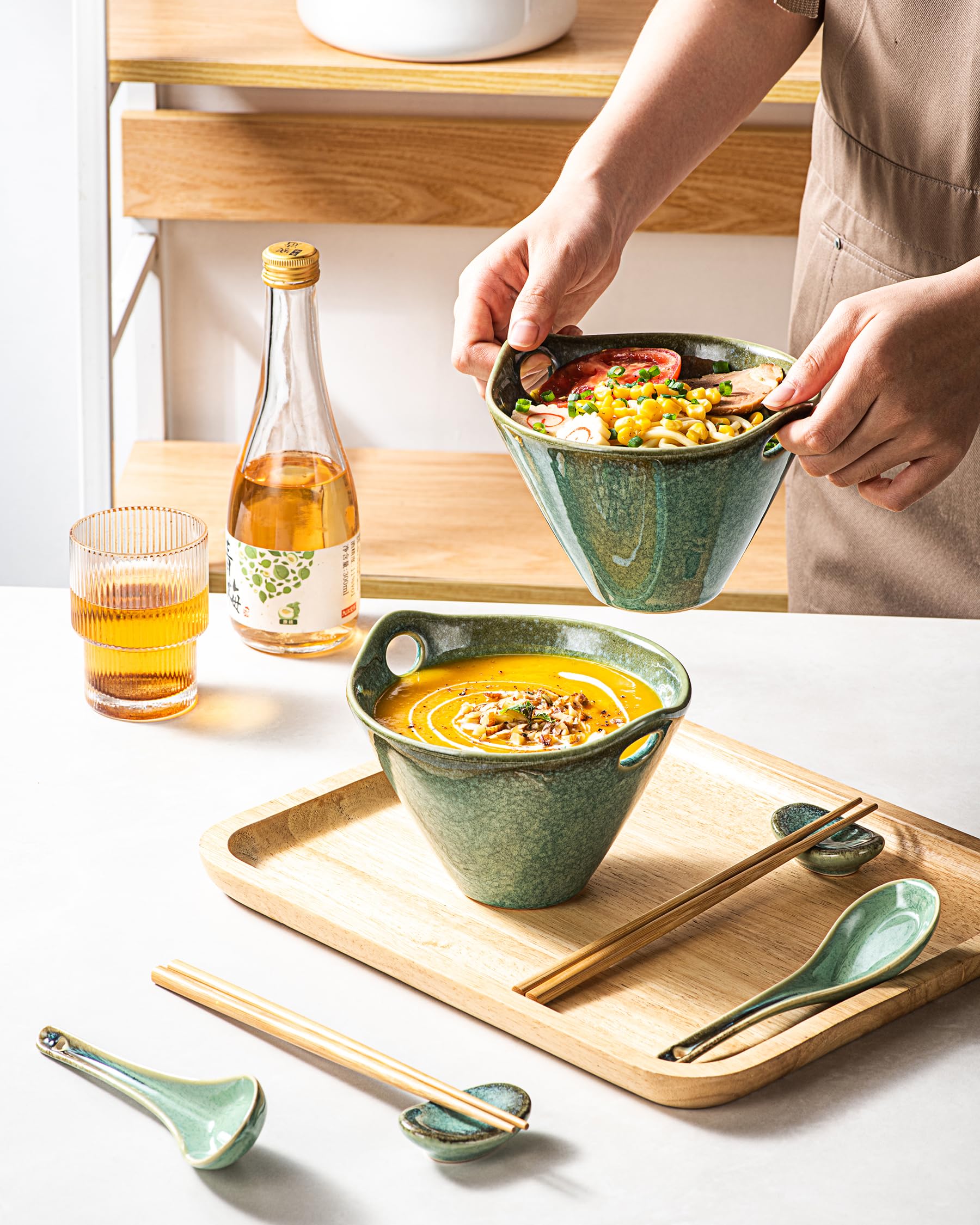 HENXFEN LEAD Tazón de ramen japonés, 2 unidades, 600 ml, juego de cuencos de cerámica con palillos, cuchara y cuchara, verde brillante