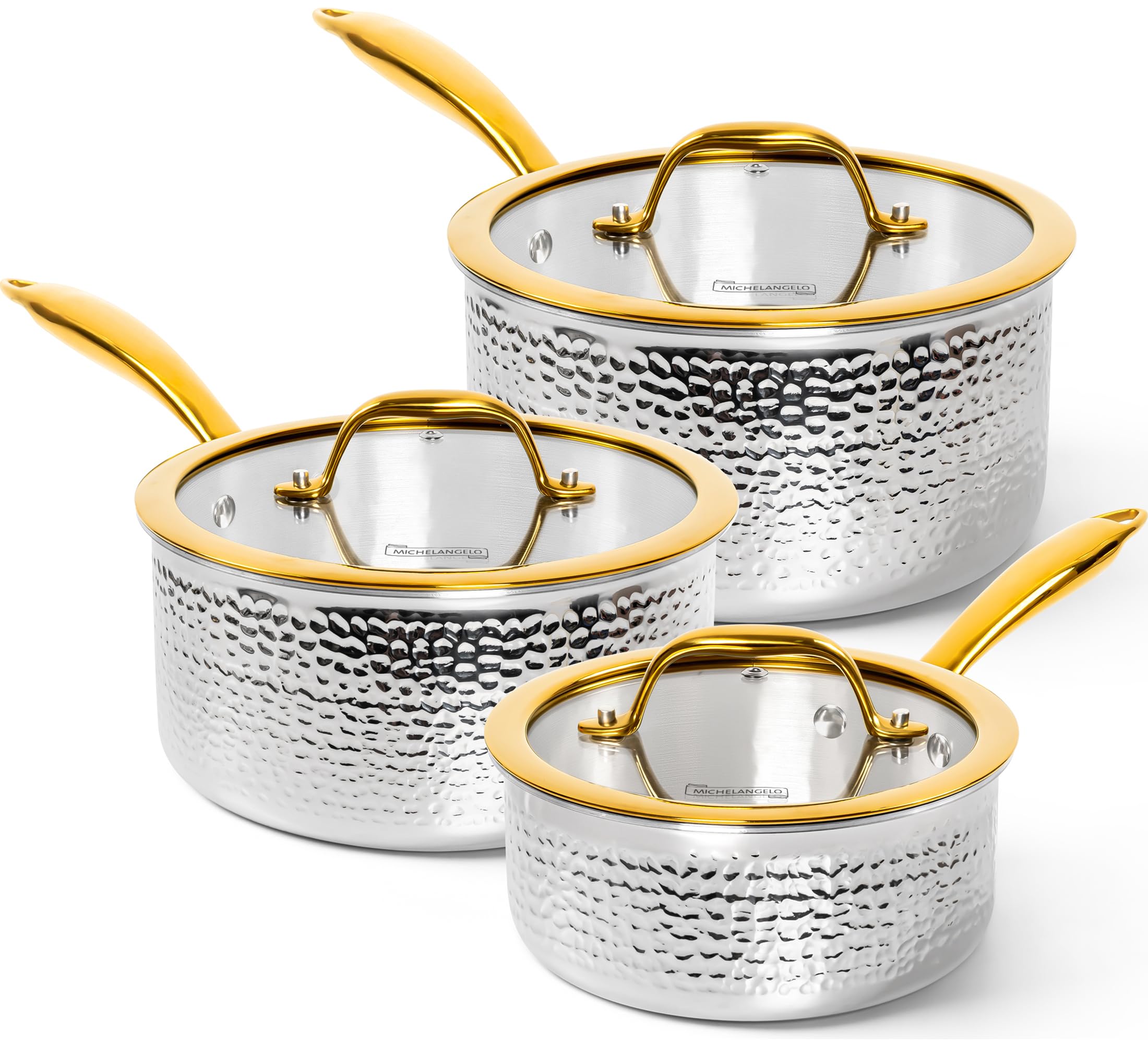 Michelangelo Triply Stainless Steel Saucepan Set, Luxury Hammered Stainless Steel Sauce Pans with Golden Handle, Premium Sauce Pot Set, Induction Compatible