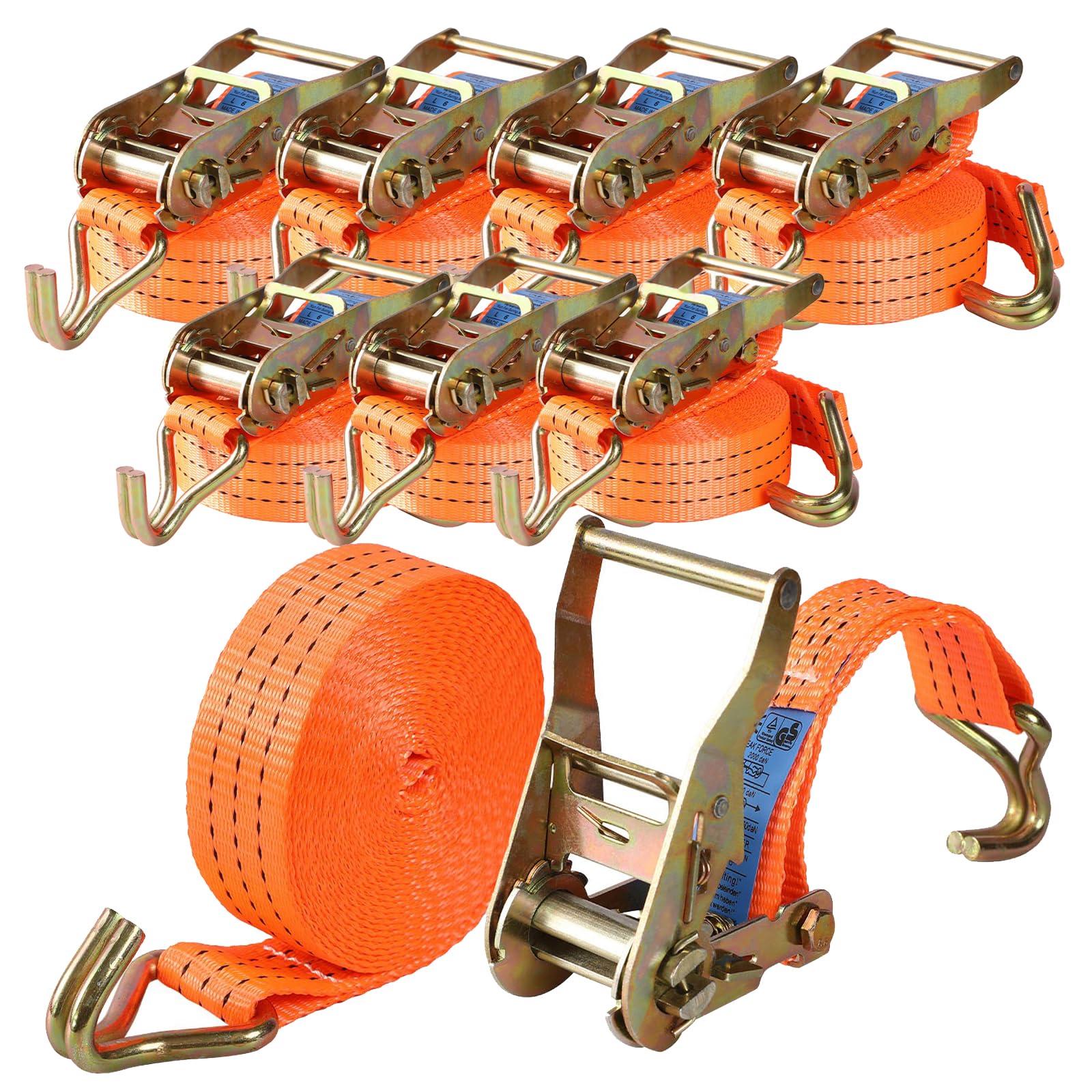 Pamatio 8 Pack 2000 kg Ratchet Straps With J-Hooks, Tensioning Belts Adjustable, 6m x 3.8cm, Ratchet Tie Down Straps For Trailers, Cars, Motorcycle (Orange)
