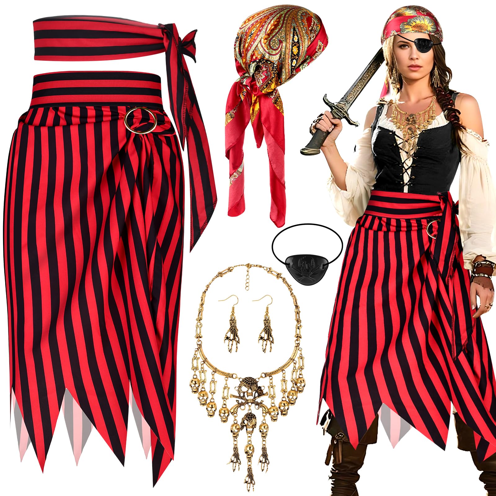 BAIEGOED Pirate Costume Accessories Set for Women - Includes Pirate Headscarf, Skull Necklace, Black Eye Patch, Skirt Outfit & Earrings - Perfect for Halloween & Cosplay Parties