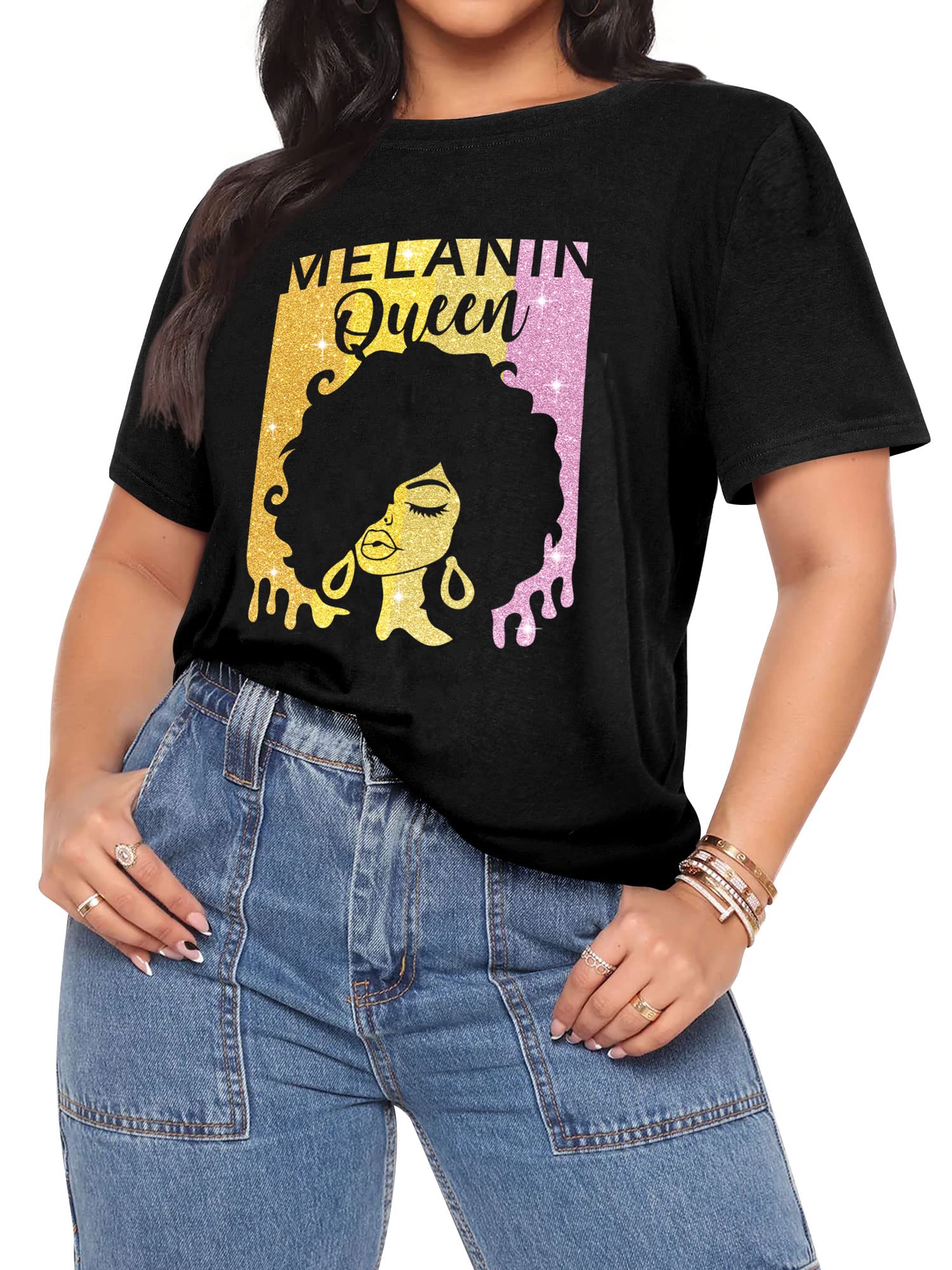 SiLing Black Girl Magic T-Shirt Graphic Tee Afro Word Art Natural Hair Sequins Casual Tops
