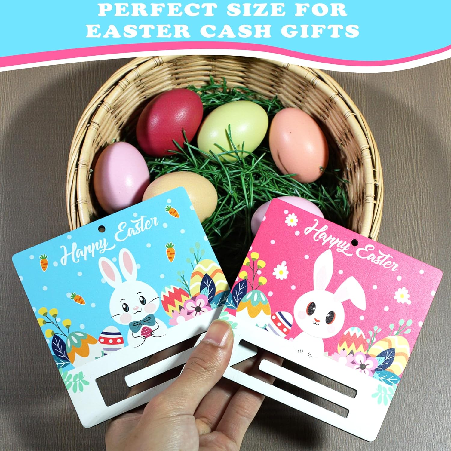 KATINAT Easter Bunny Gift Holder for Cash, Pack of 2 Wooden Rabbit Currency Display, Spring Basket Stuffers for Teens & Kids, Bunny Holding Holiday Egg Money Present, Pink Rabbit Cash Set