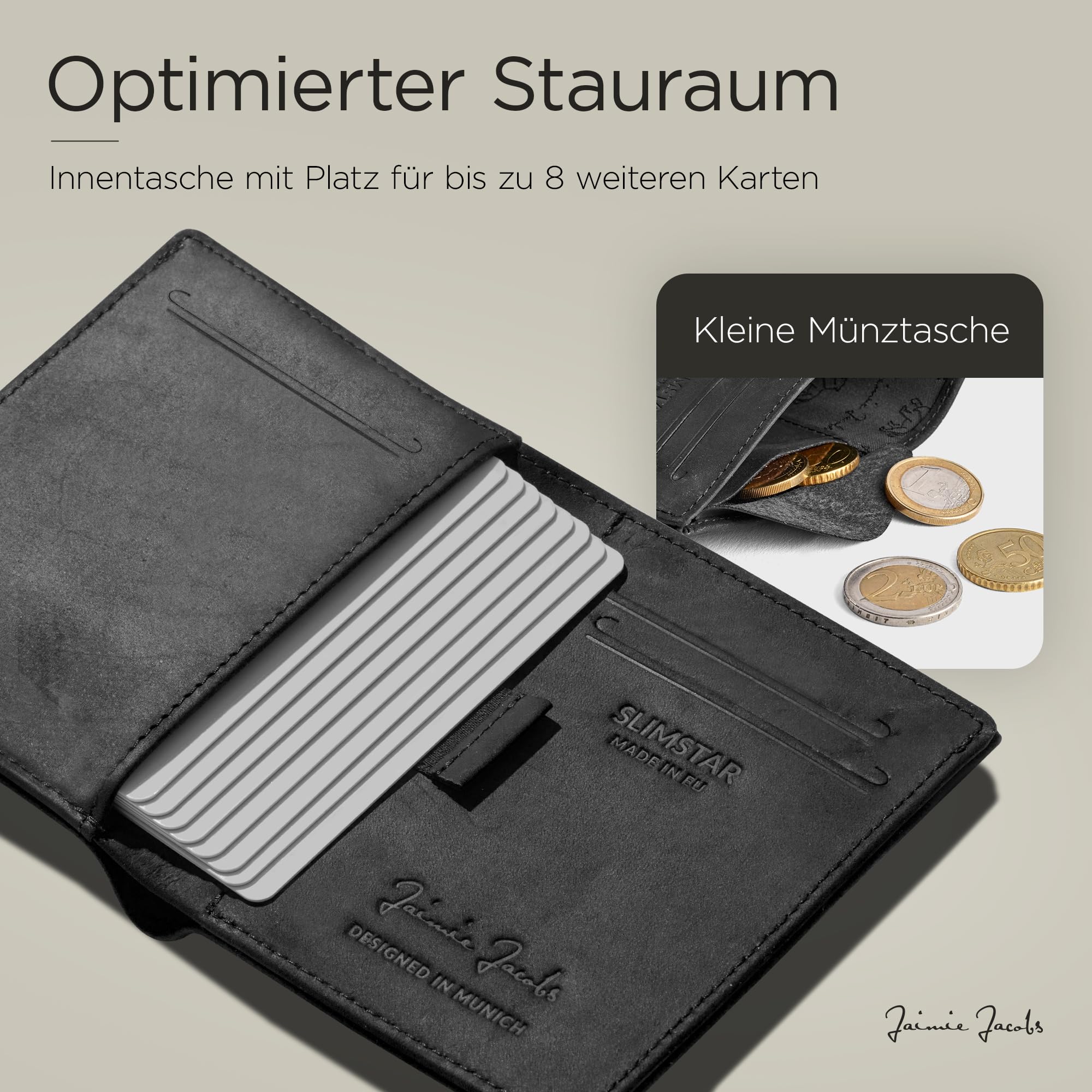 Jaimie Jacobs Slimstar Slim Wallet RFID & Münztasche (Büffelleder Schwarz) | Dünner Geldbeutel, hochformat, bis 11 Karten, 3 Schnellzugriff-Fächer, Geldscheine, kleine Münztasche, TÜV-RFID-Schutz