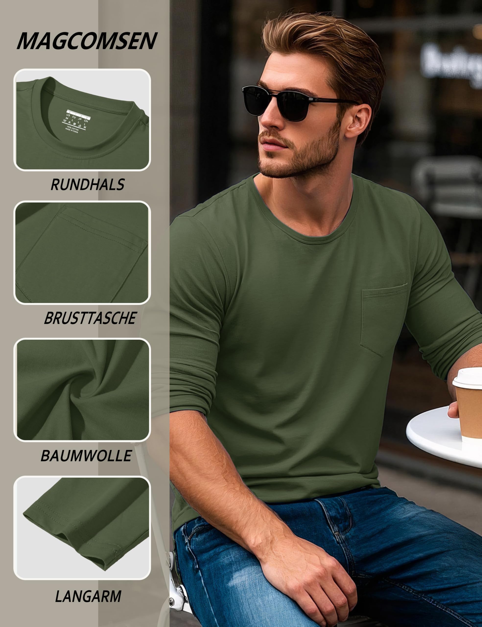 MAGCOMSEN Camiseta de Manga Larga Informal de algodón con Bolsillo para Hombre a la Moda