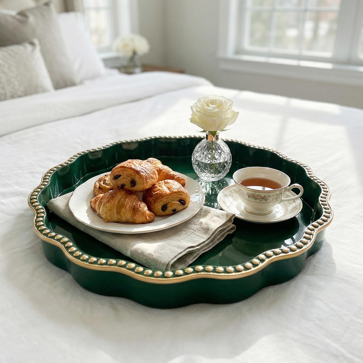 Green Decorative Tray for Coffee Table, Wavy Scallop Beaded Plastic Serving Tray forKitchen Counter, Ottoman, Living Room, (13")