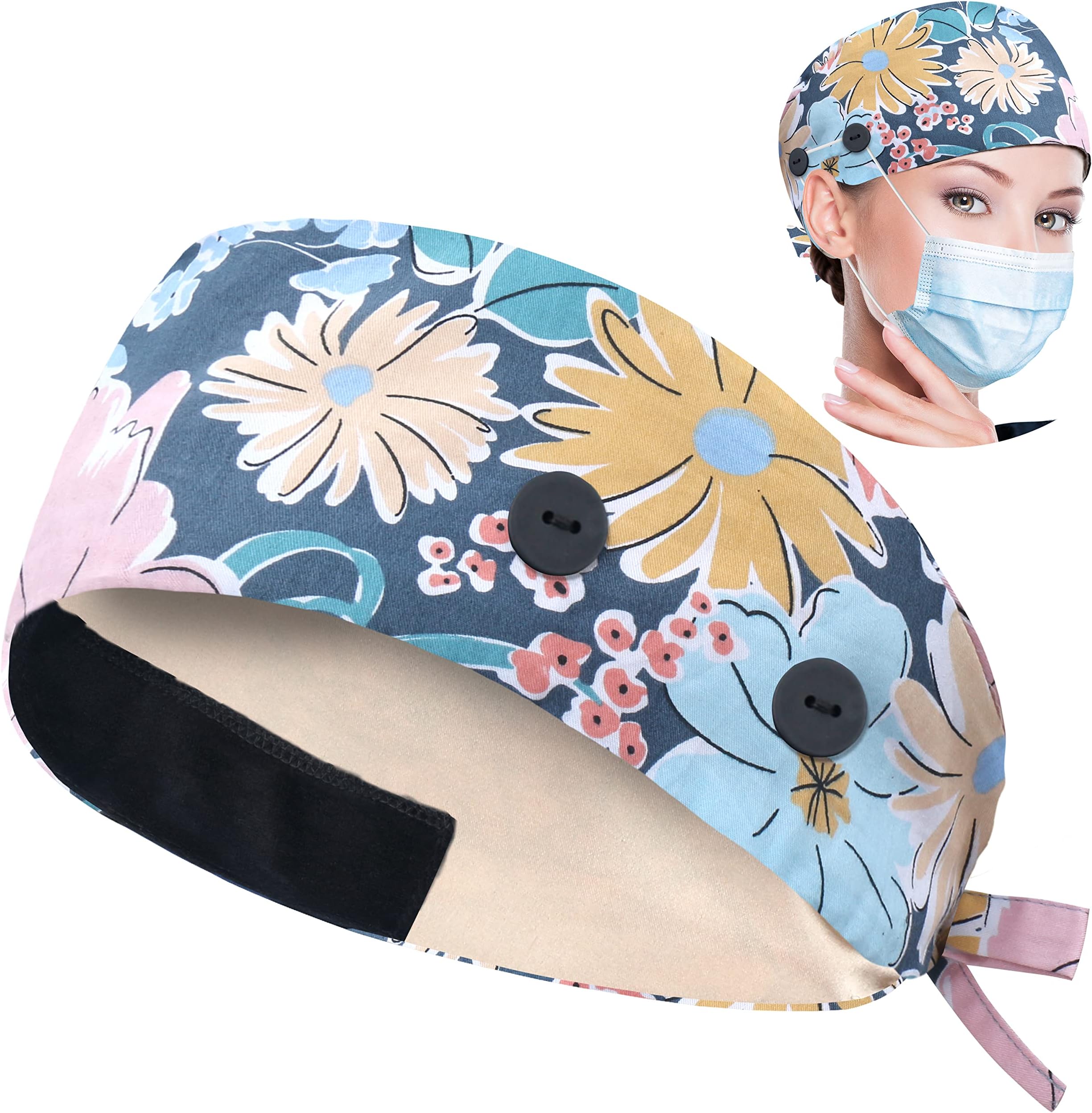 Working Caps with Button and Sweatband, Adjustable Working Hats for Women Men, One Size(Tie Back or Toggle)