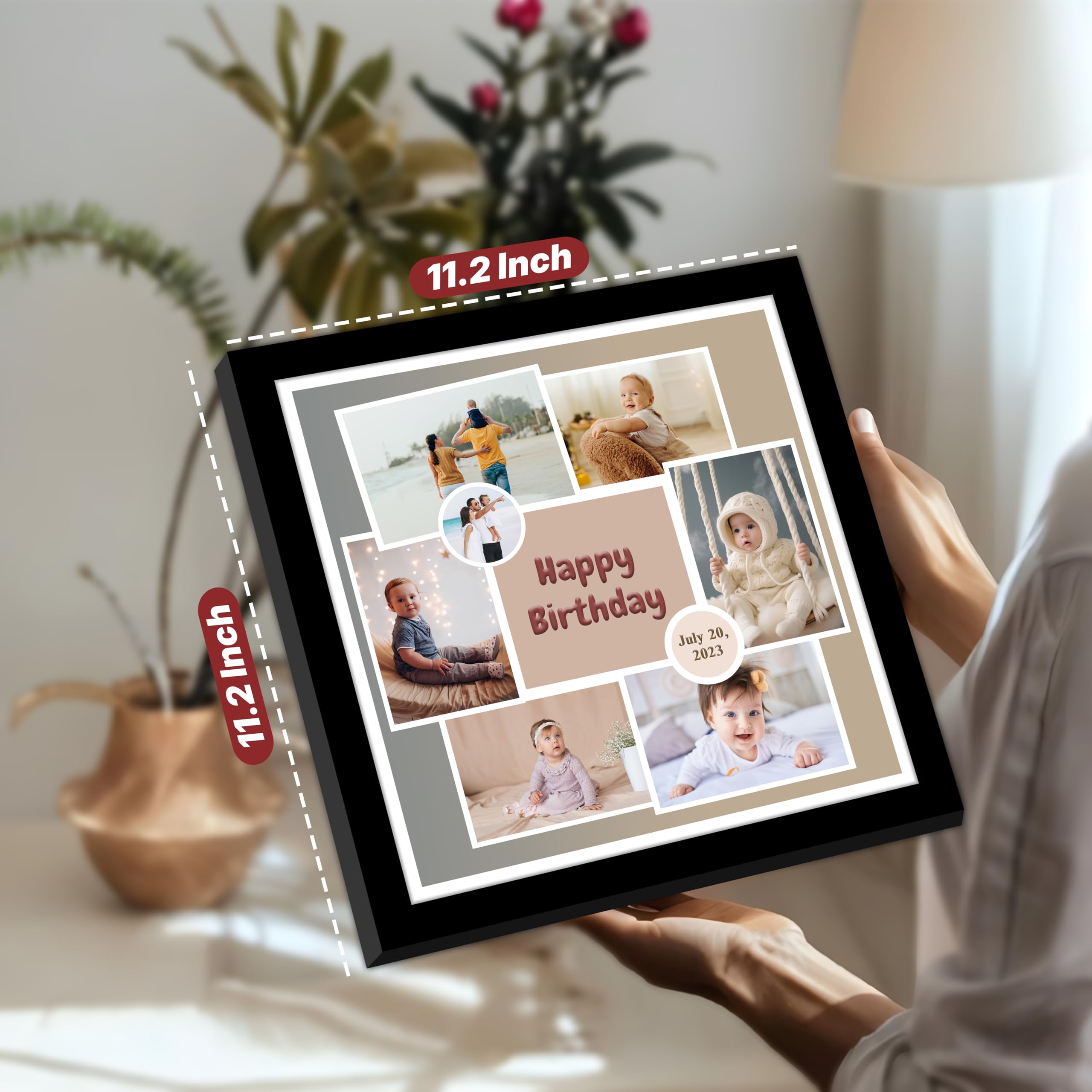 SNAP ART Personalized Baby Happy Birthday Wall Photo Print Collage with 7 Photo Upload Customized Photo Frame Gift For Baby, Kids, Sister and Parents (Frame Size 11x11 inch) 2