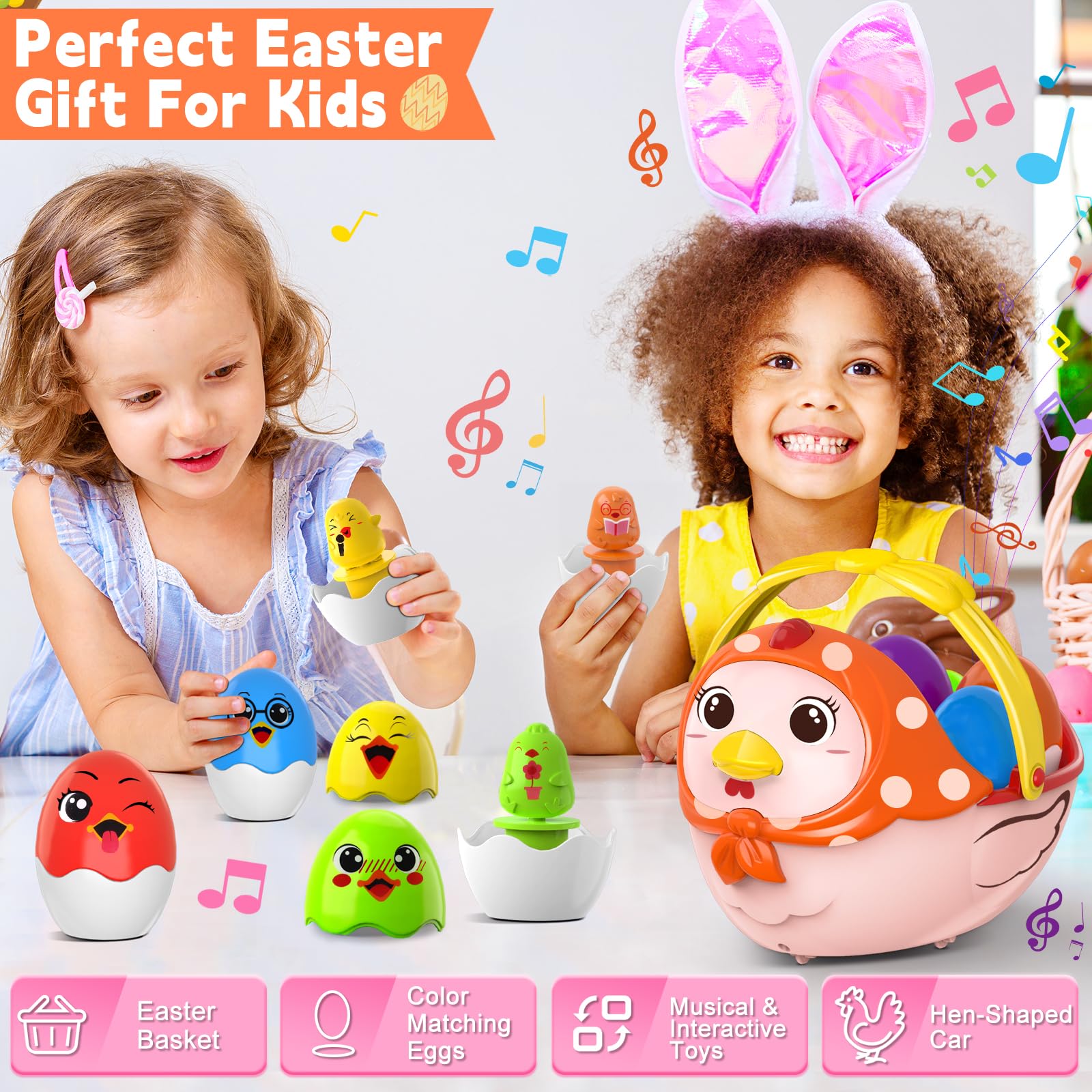 Easter Basket Chicken Egg for Toddler: Easter Basket Stuffers Musical with Light Gift for Girls Boys - Educational Color Matching Interactive Learning Hen Toys - Baby First Easter/Birthday Gifts