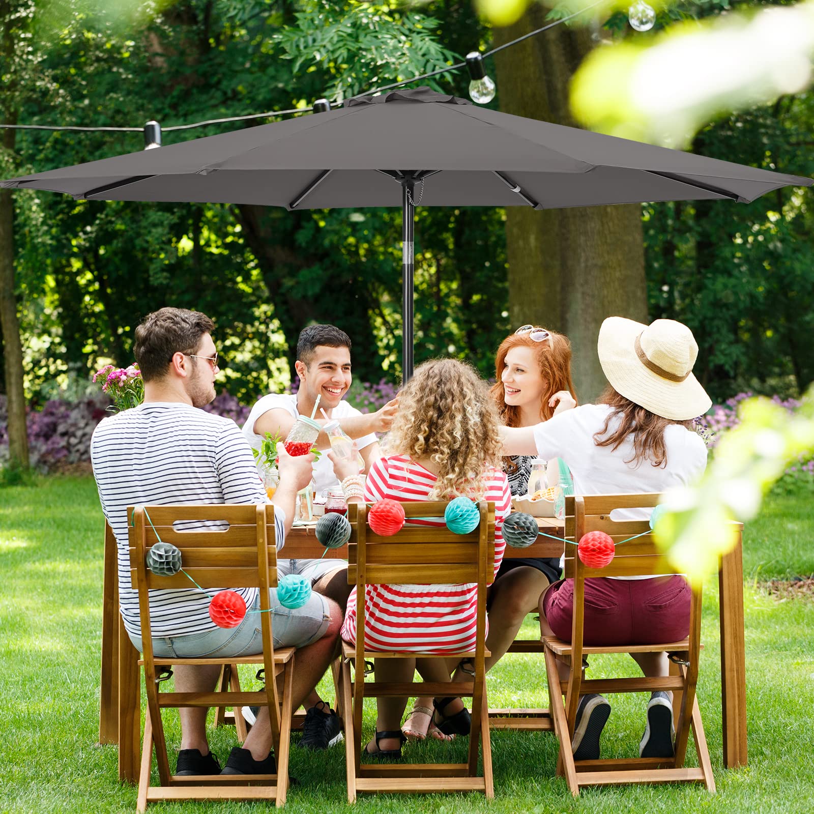 Pakarde 9FT Patio Umbrellas, Outdoor Patio Table Umbrella with Tilt Adjustment and Crank Lift System for Ourdoor Patio, Lawn, Backyard, Pool, Market, Grey