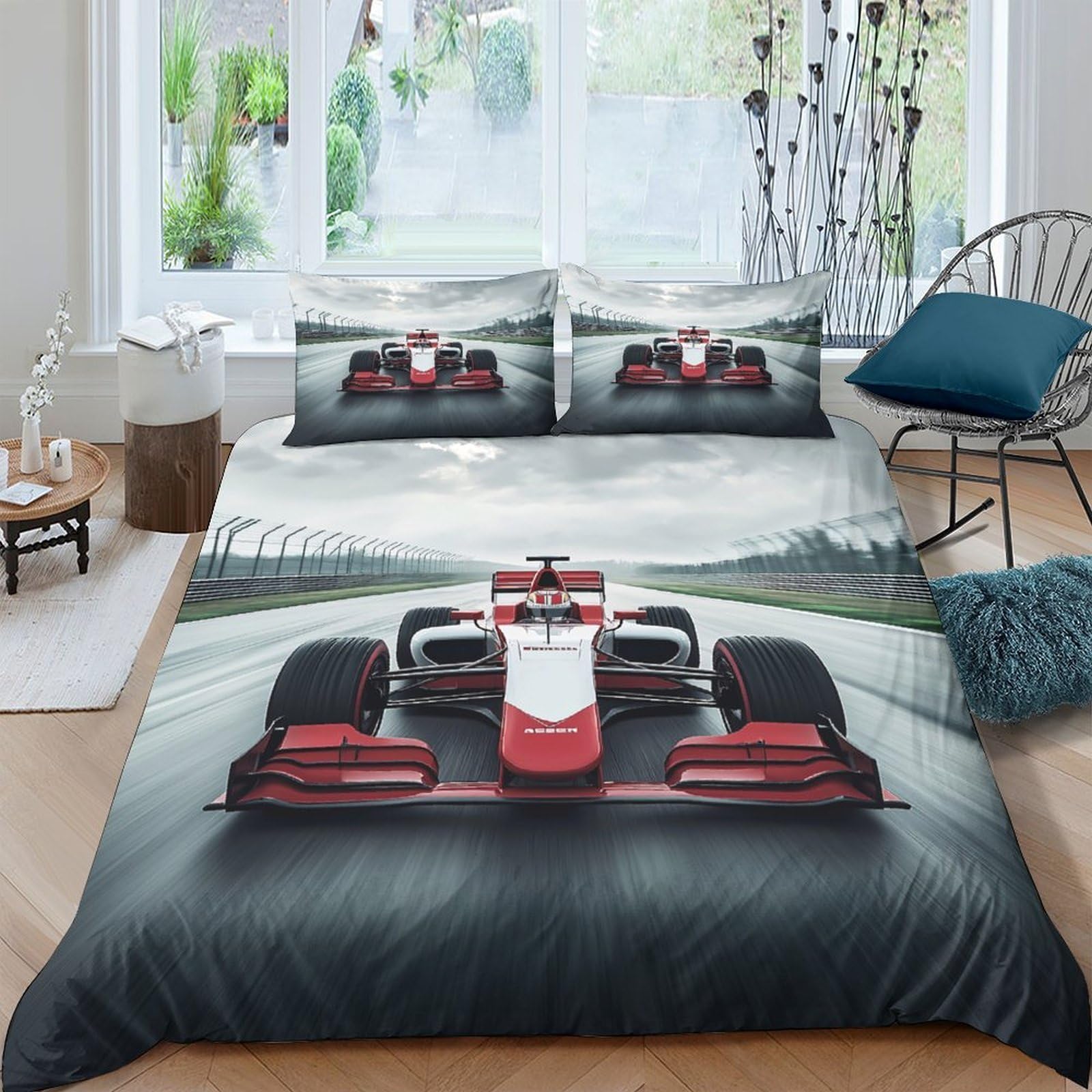Ctjqhvkz Style-7 3D Printed Racing Car Fitted Sheet Microfiber Red Sports Track Bed Sheet For Bedroom Guest Room Decor Protection Single（135X200cm）