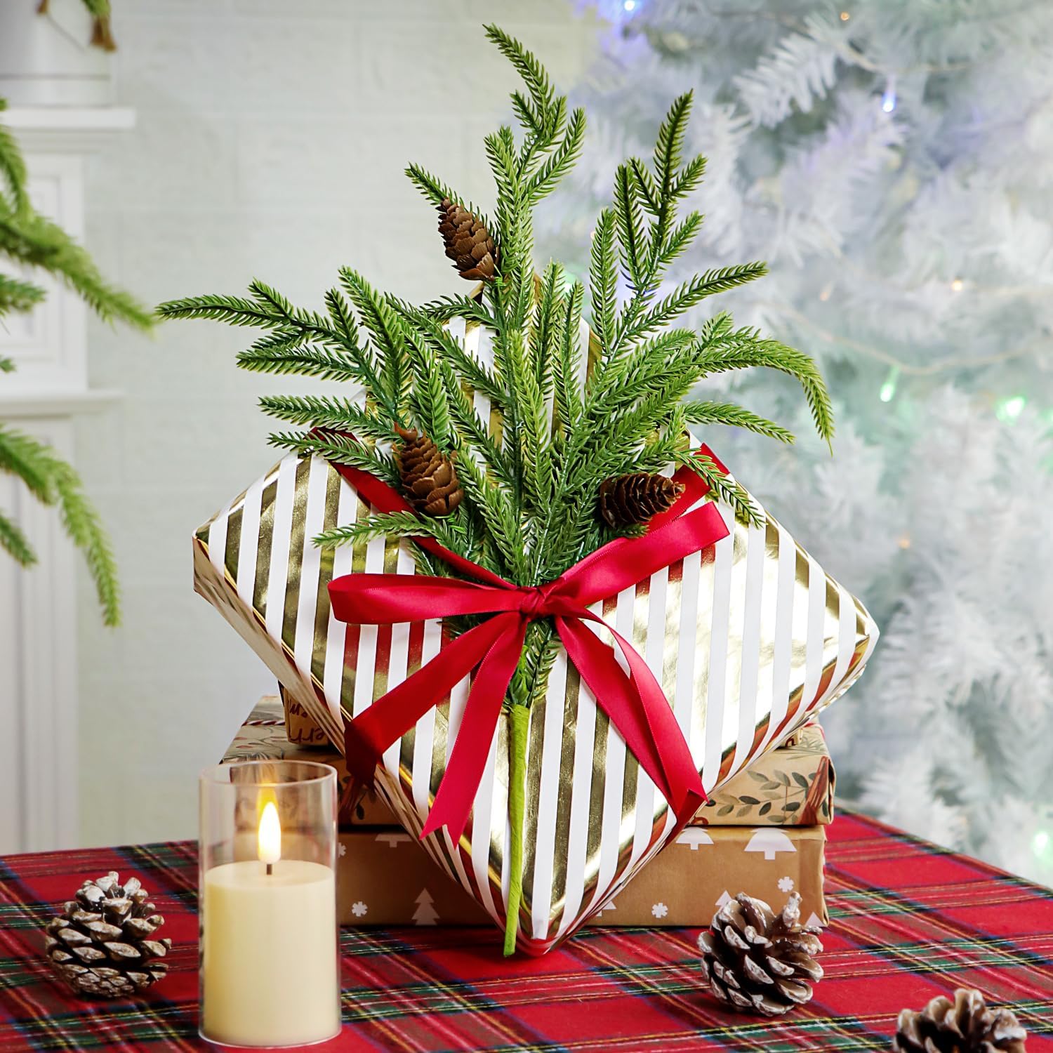 Kesywale Norfolk Pine Branches with Pine Cone 17" Christmas Greenery 8 Pack Green Artificial Pine Sprigs for Xmas Tree Filler Picks DIY Garland Wreath and Home Garden Decorations - Image 4