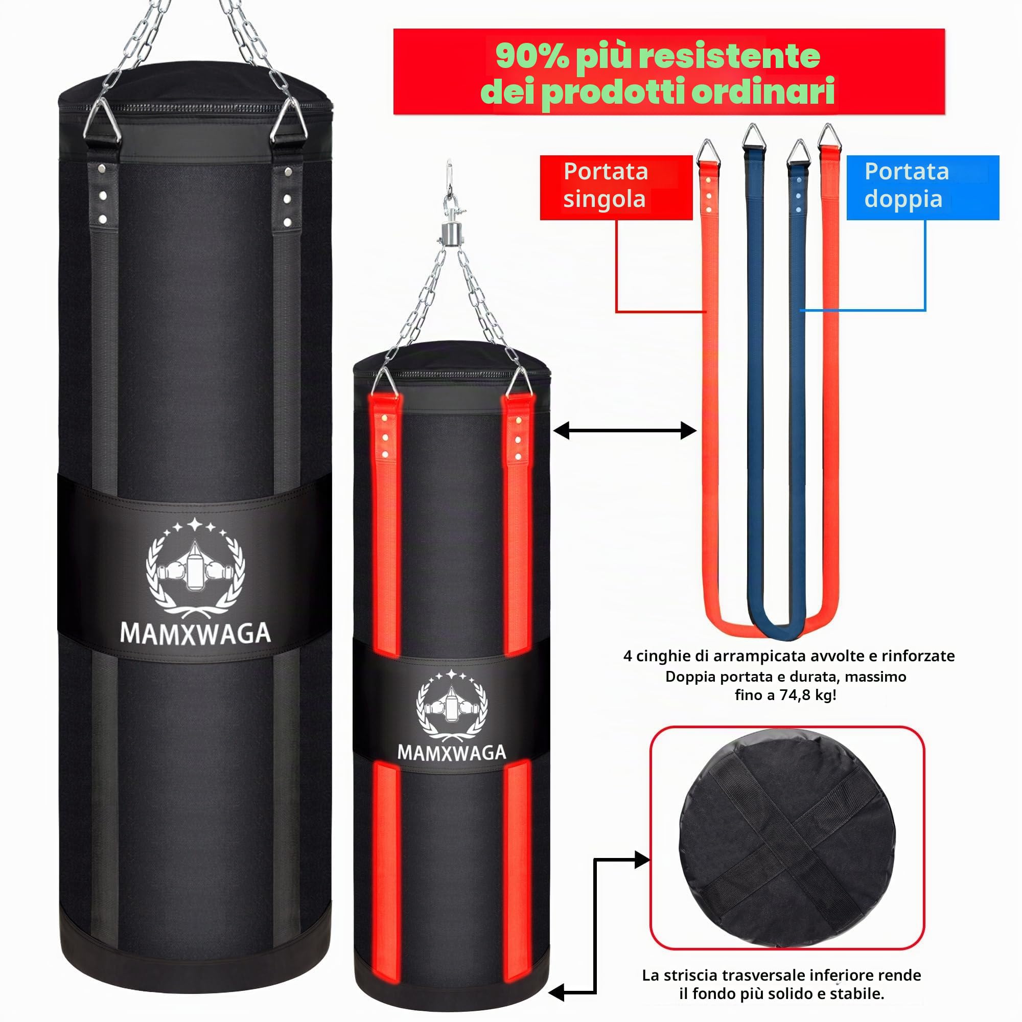 Sacco da Boxe Tela per Adulti 120cm, Pesanti Sacchi Pugilato da Appendere con Rotatore, Non-Riempito Canvas Punching bag Portata Massima 80kg