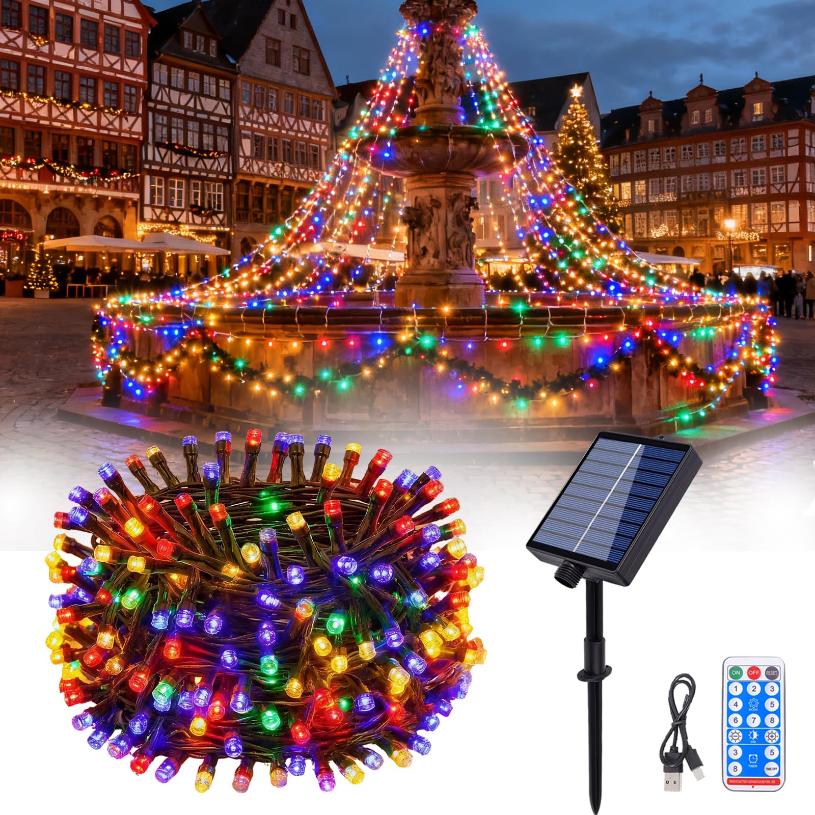 Hopelit Solar Lichterkette Aussen 20M 200 LED Bunt mit Fernbedienung und Timer, 8 Modi, Lichterkette Außen Solar für Gartendeko, Terrassen, Halloween, Weihnachtsbaum, Party, Etc